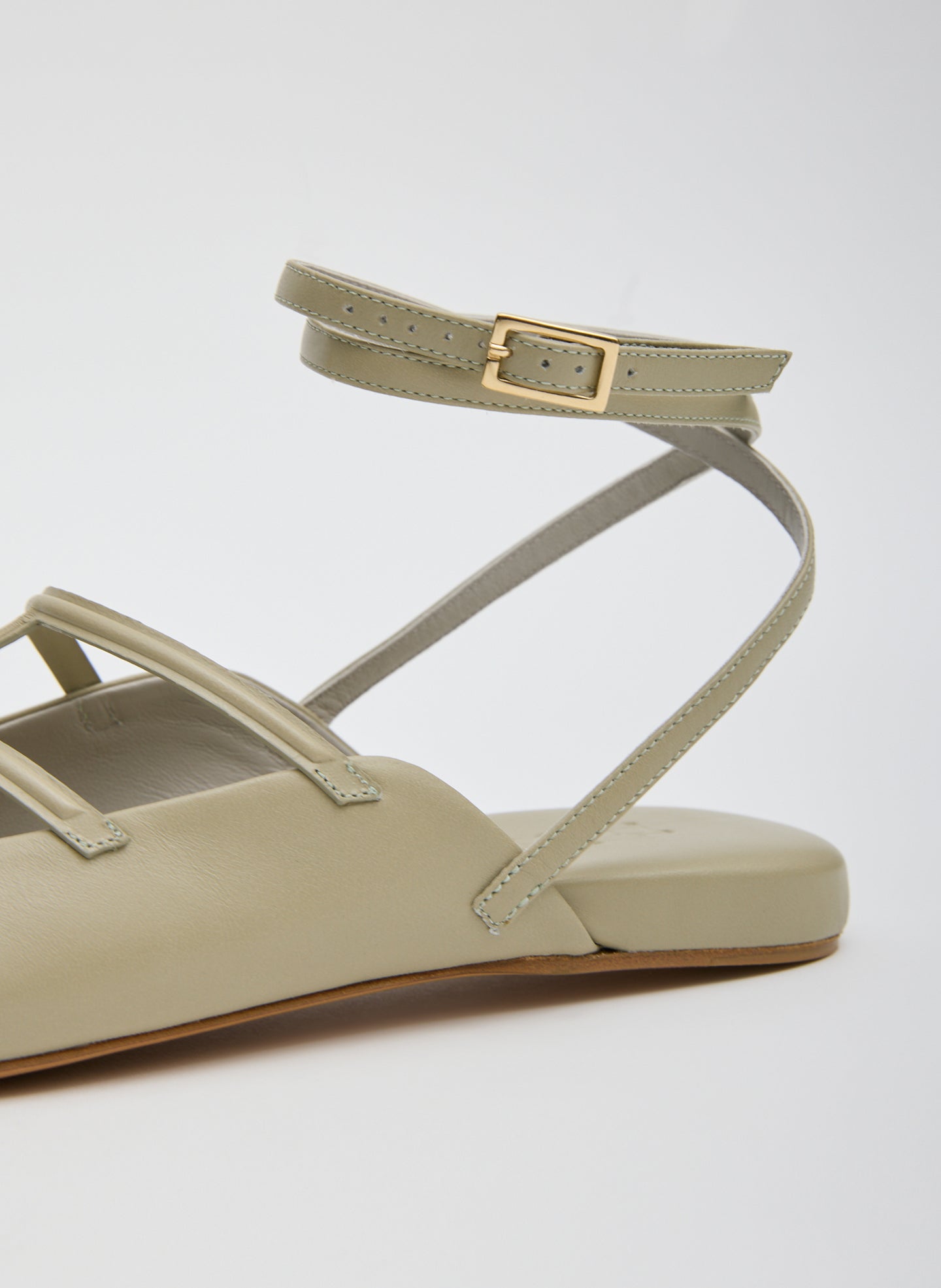 Dusty Pale Green Jean-Claude Flat - closeup of ankle strap detail