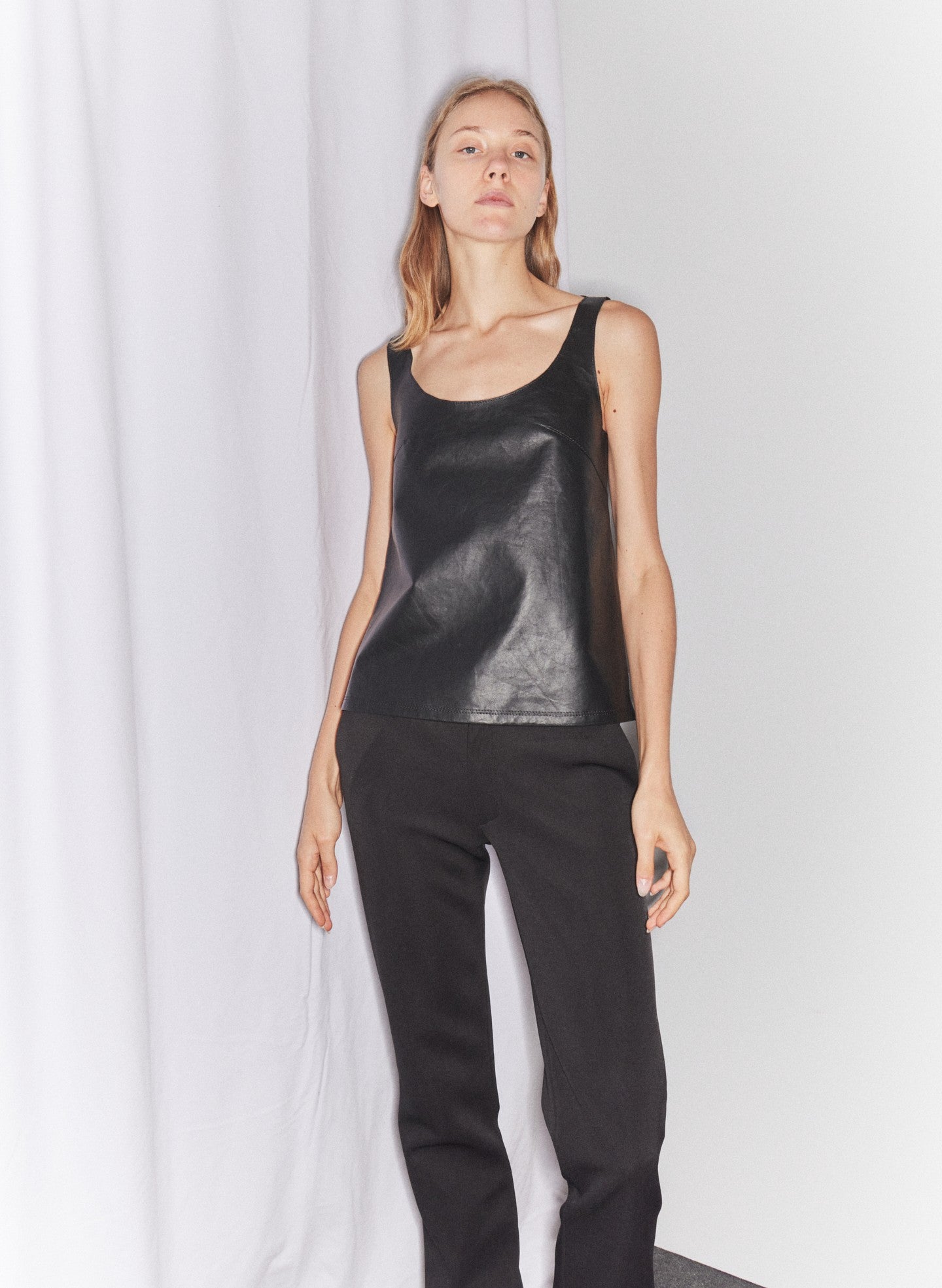 Black Lightweight Leather Tank Top - editorial campaign on model