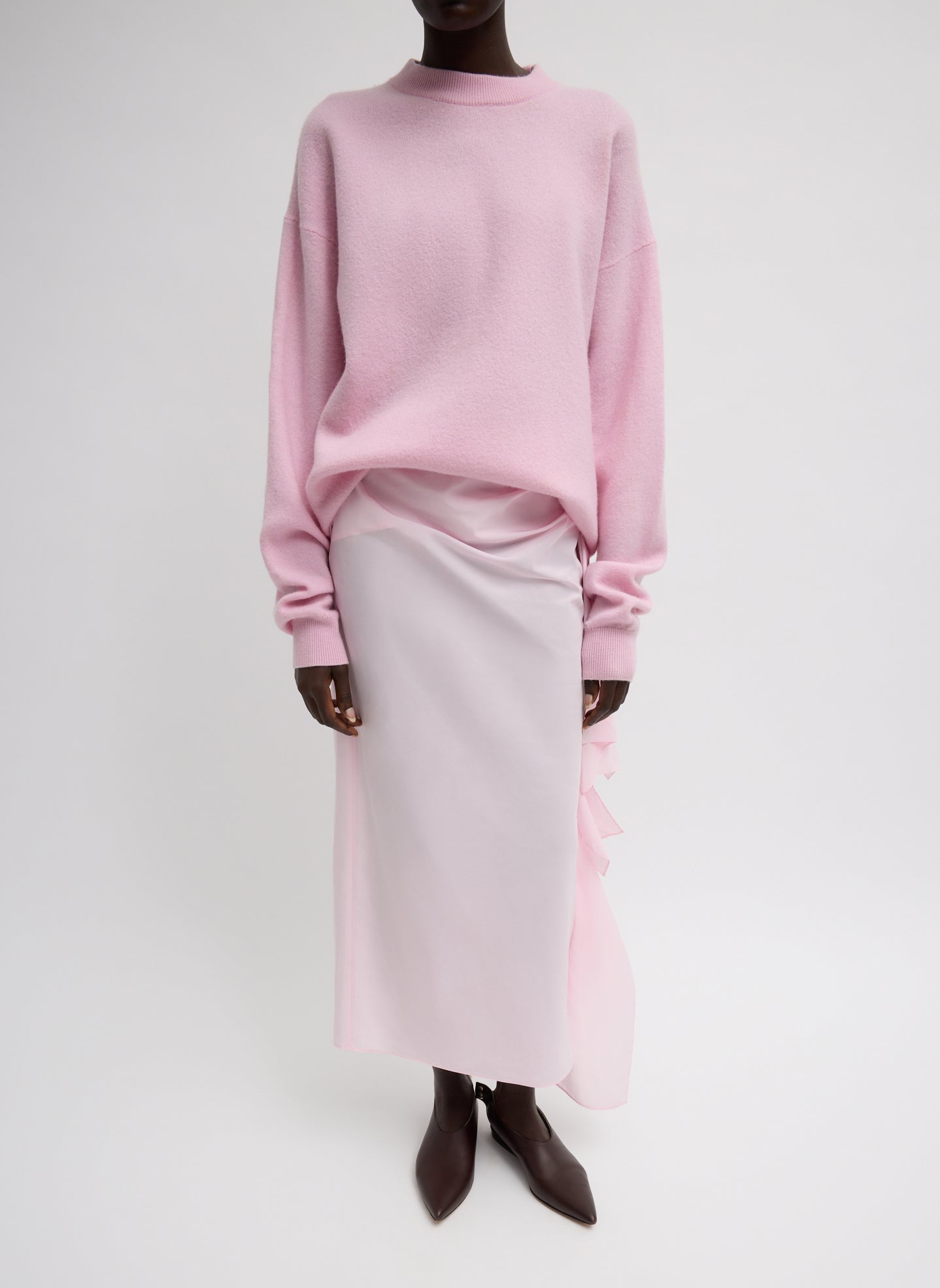 Light Pink Italian Sporty Nylon Ribbon Skirt - full look, front view on model