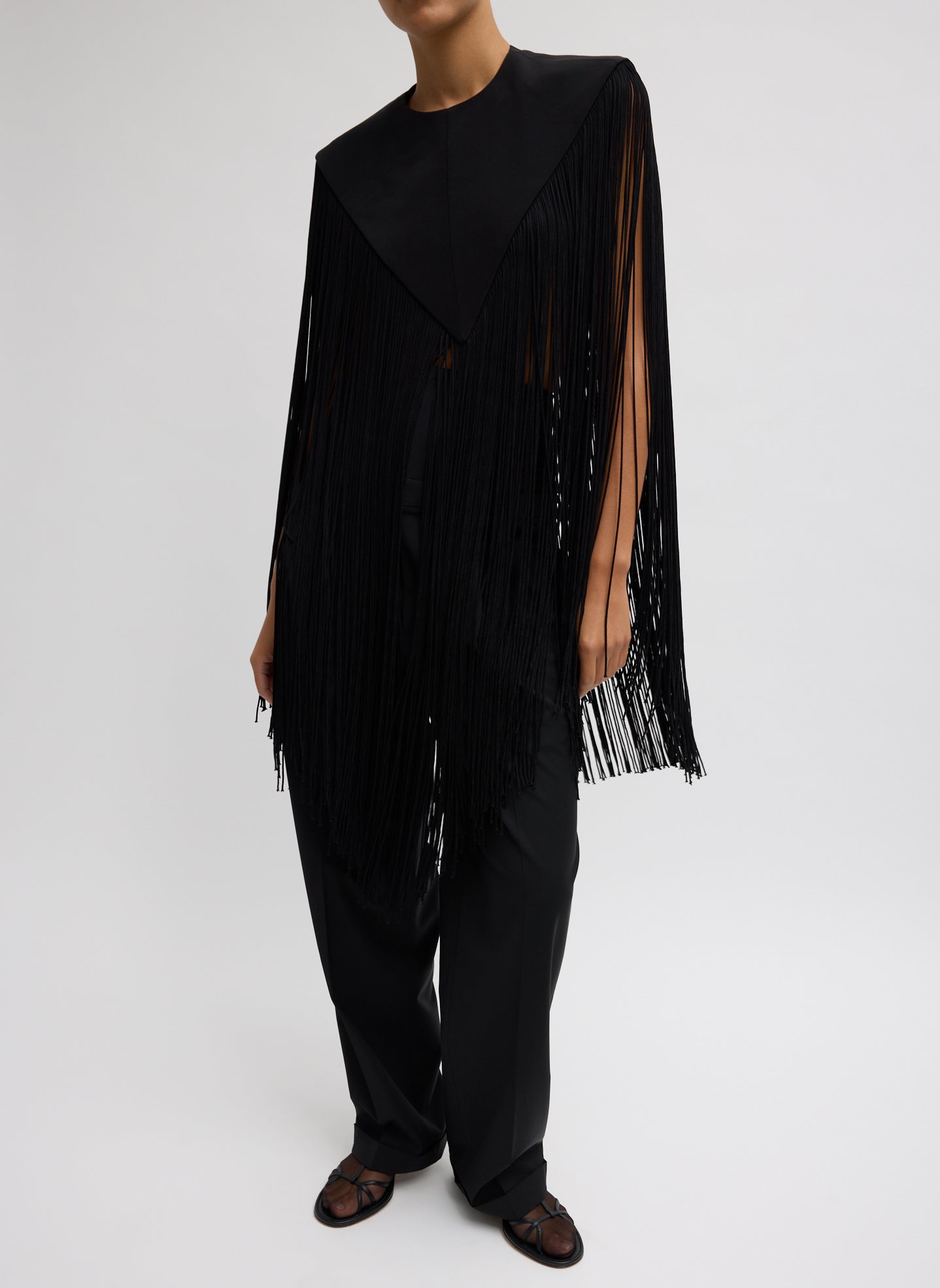 Black 4-Ply Silk Fringe Cape - full look, front view on model