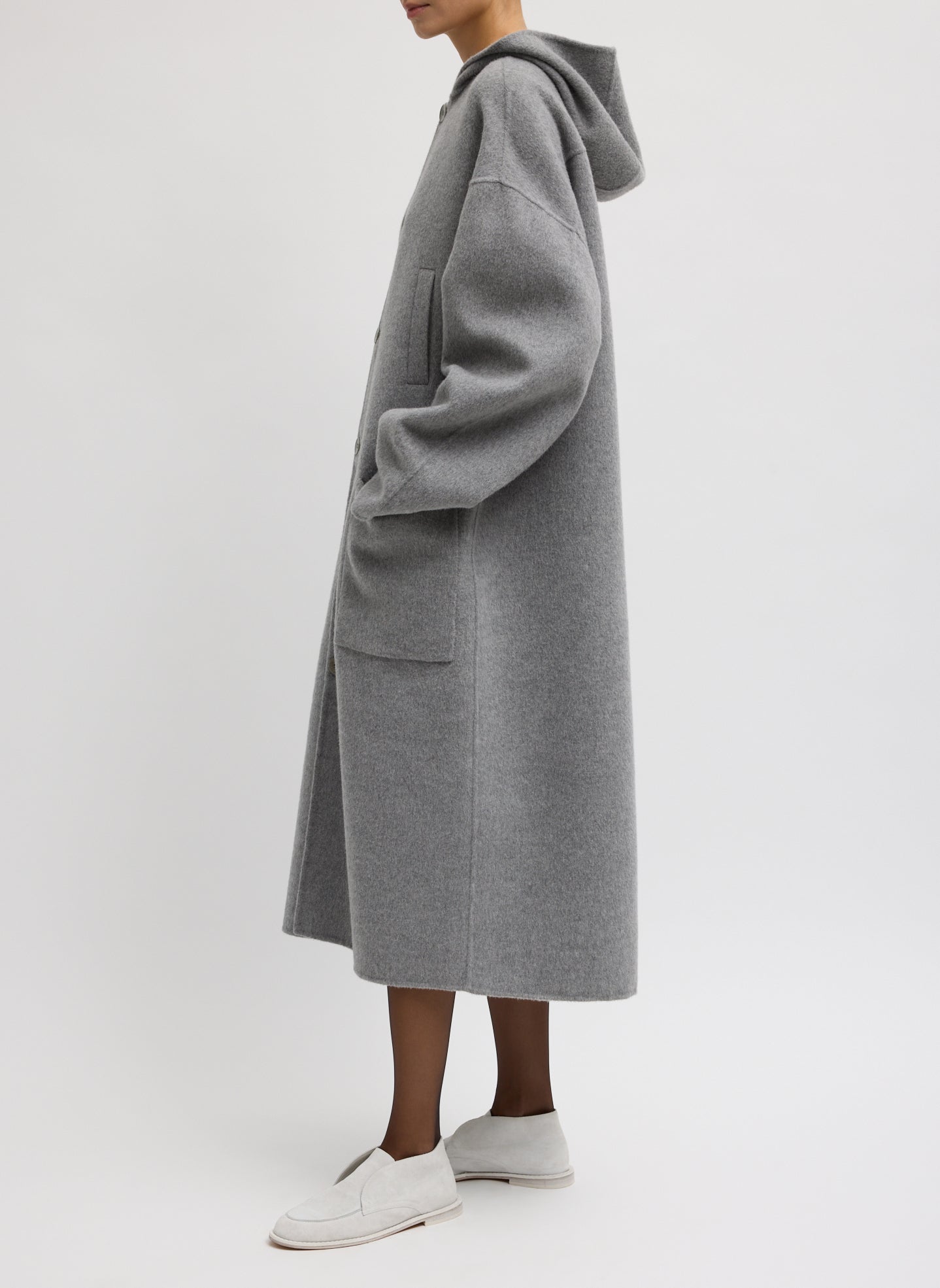 Grey Luxe Double Faced Wool Angora Hooded Coat - oversized button up coat, side view on model
