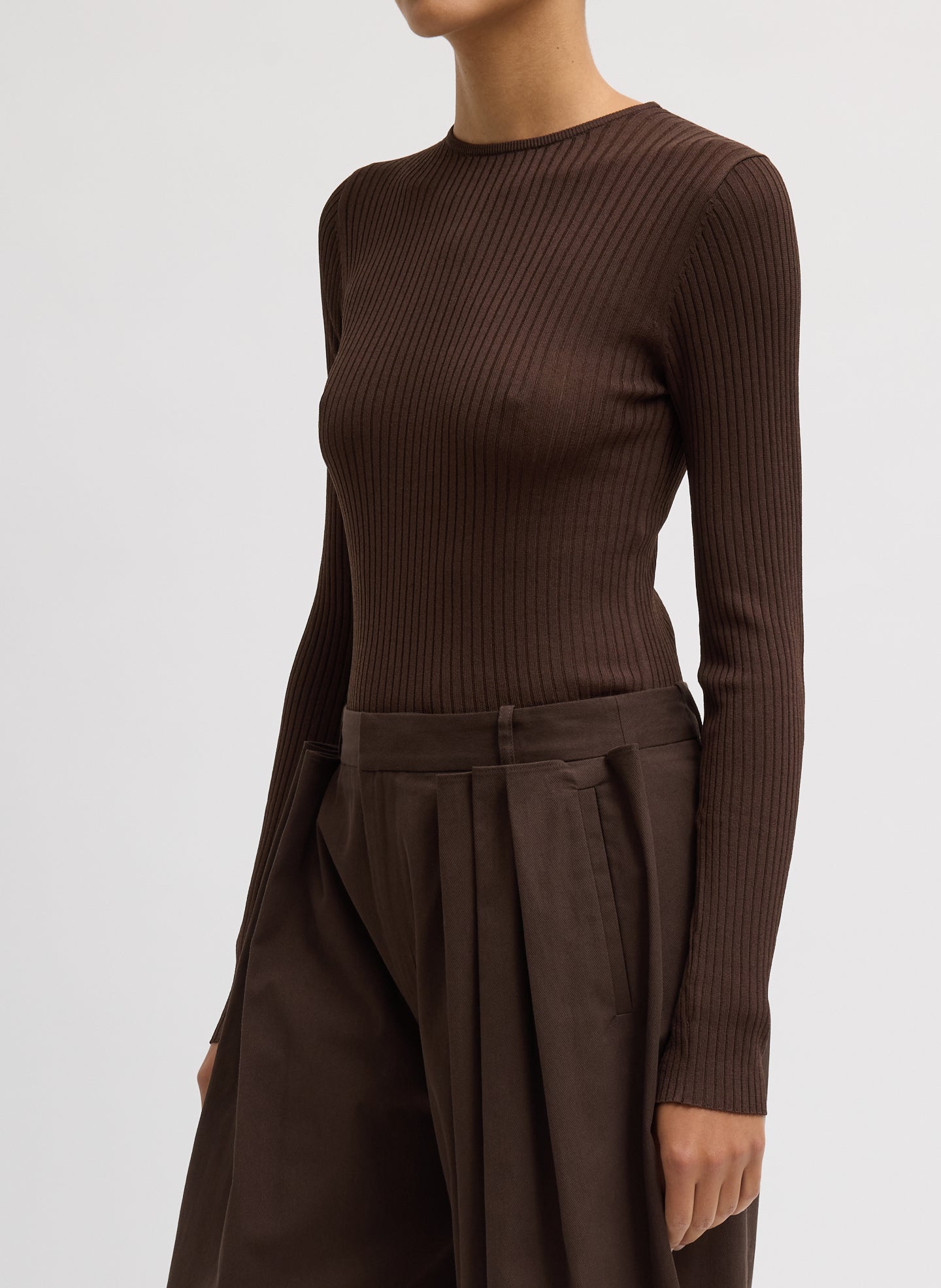 Hickory Brown Ribbed Crewneck - long sleeve, thin knit, side view on model