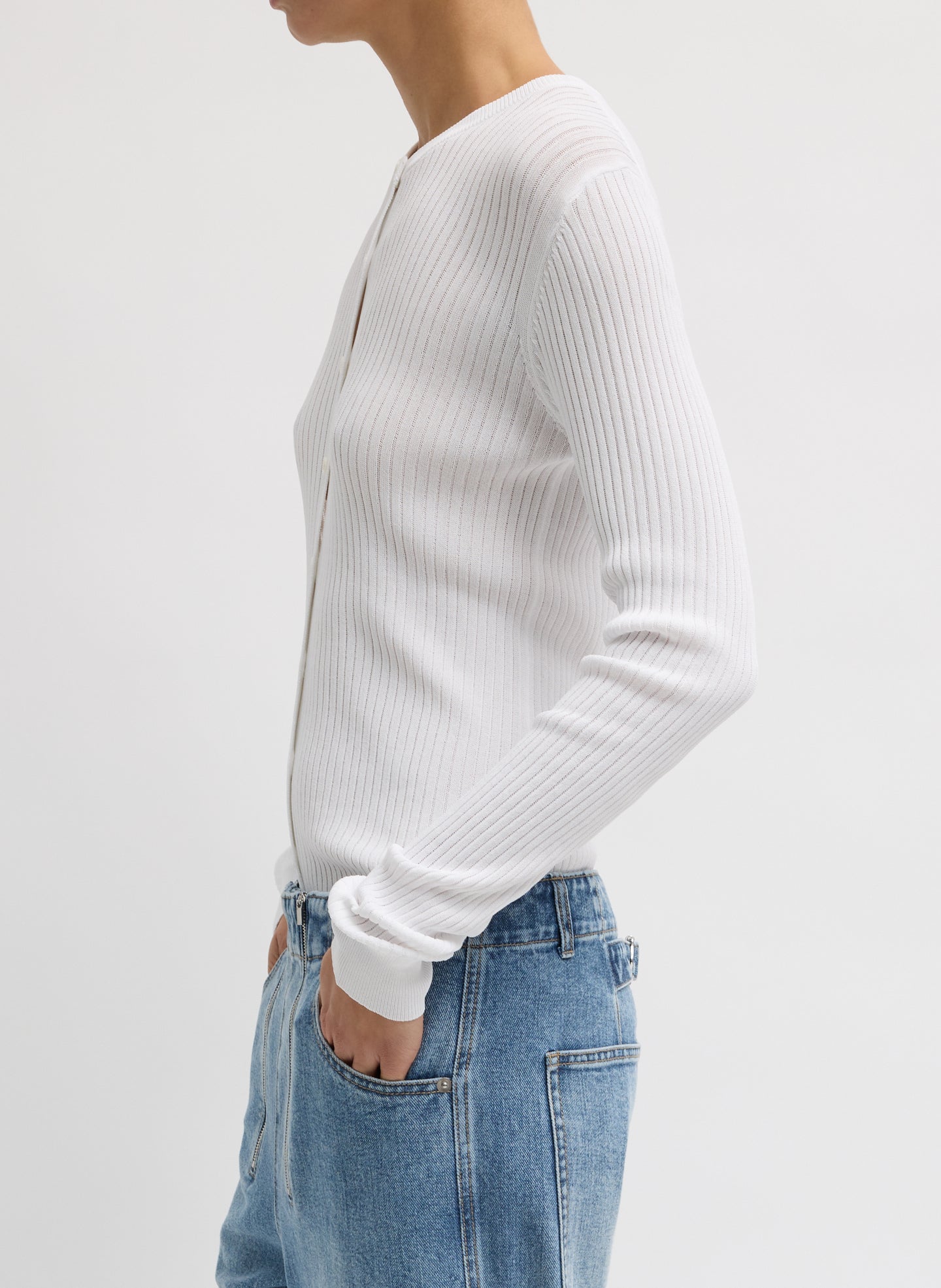 White Ribbed Knit Cardigan - side view on model