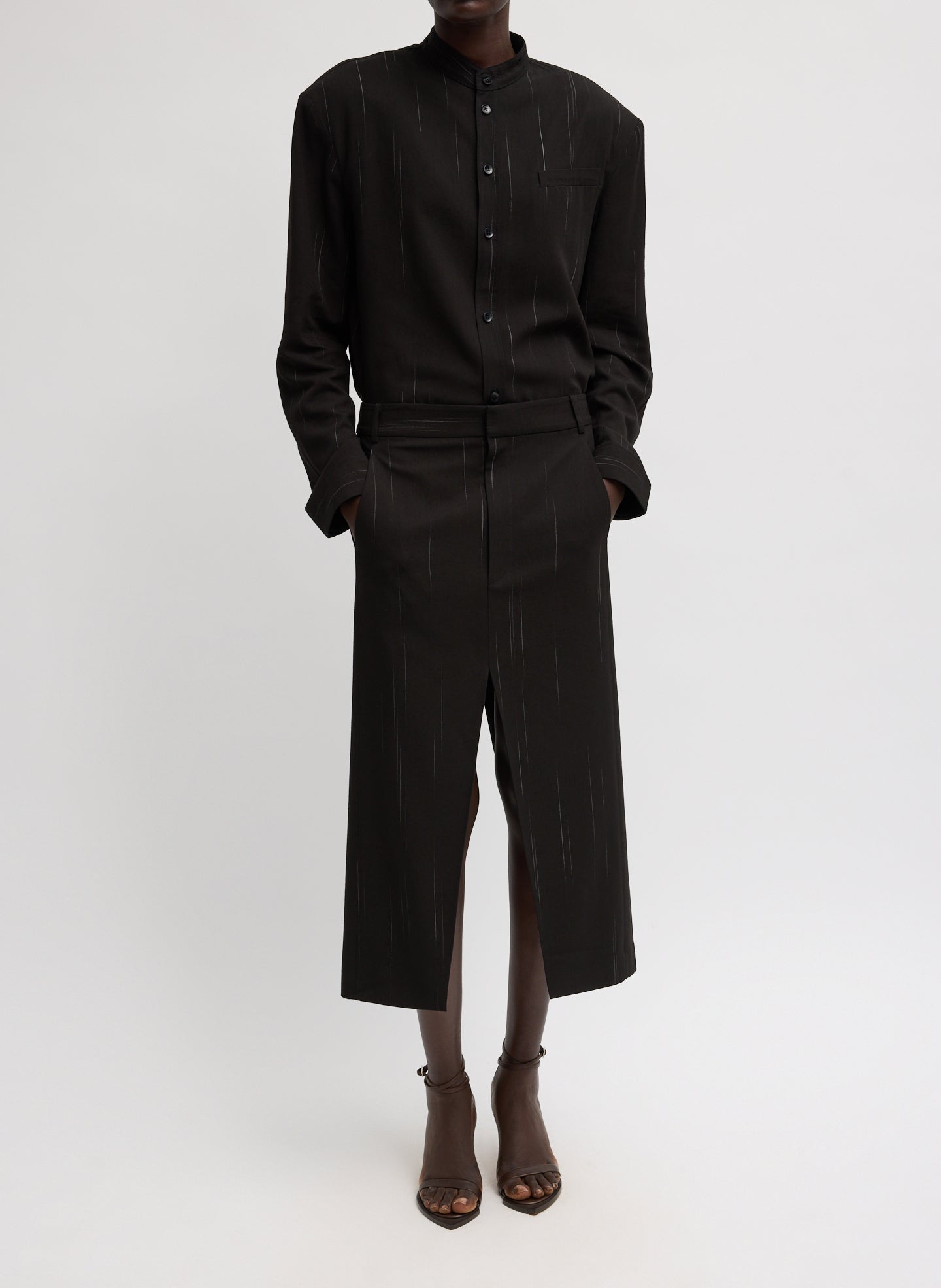 Viscose Suiting Detached Shirt - long sleeve button down, full look front view on model