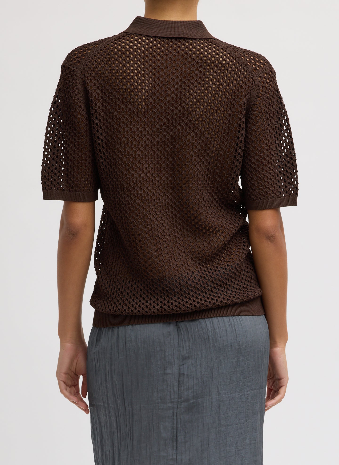 Hickory Brown Crochet Netting Slim Polo - short sleeve crochet polo, back view on model
