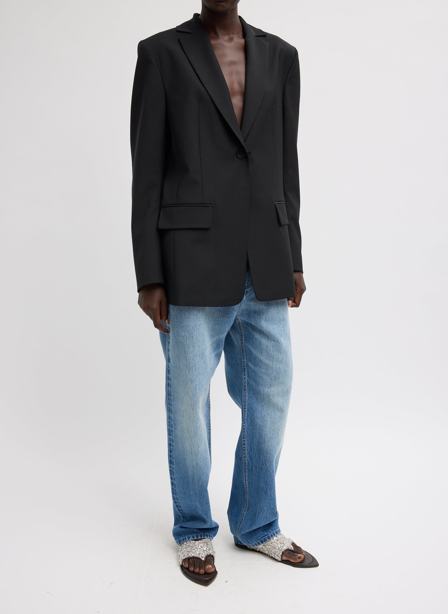 Black Tropical Wool Sculpted Blazer - full look, front view on model