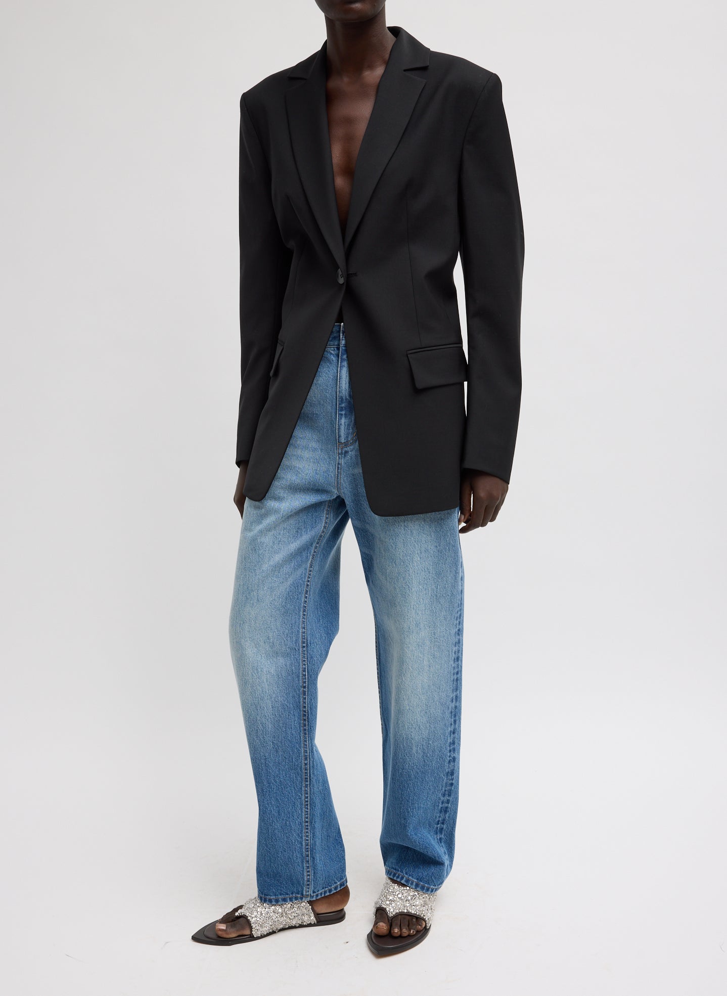 Black Tropical Wool Sculpted Blazer - full look, front view on model