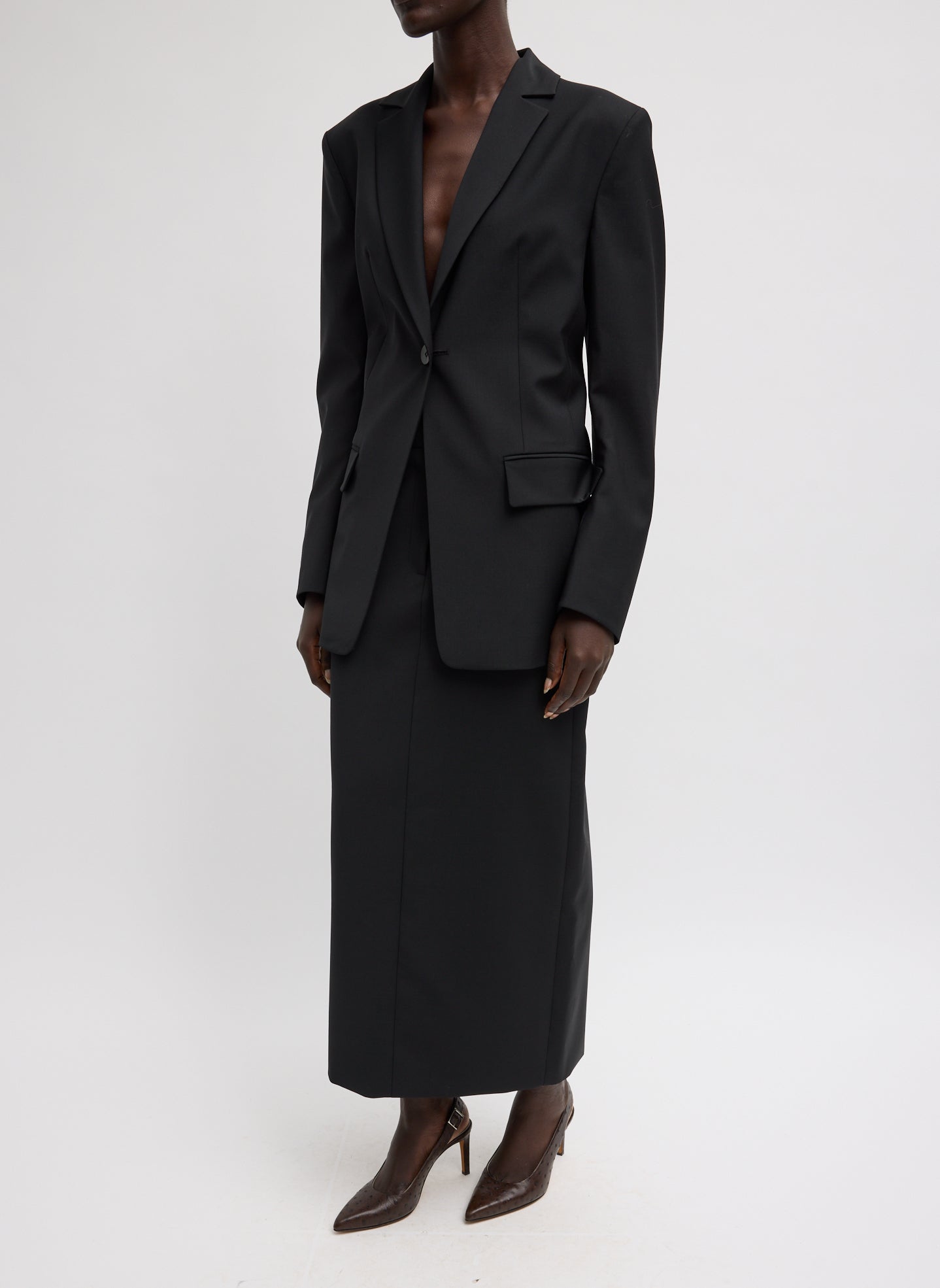 Black Tropical Wool Sculpted Blazer - full look, front view on model