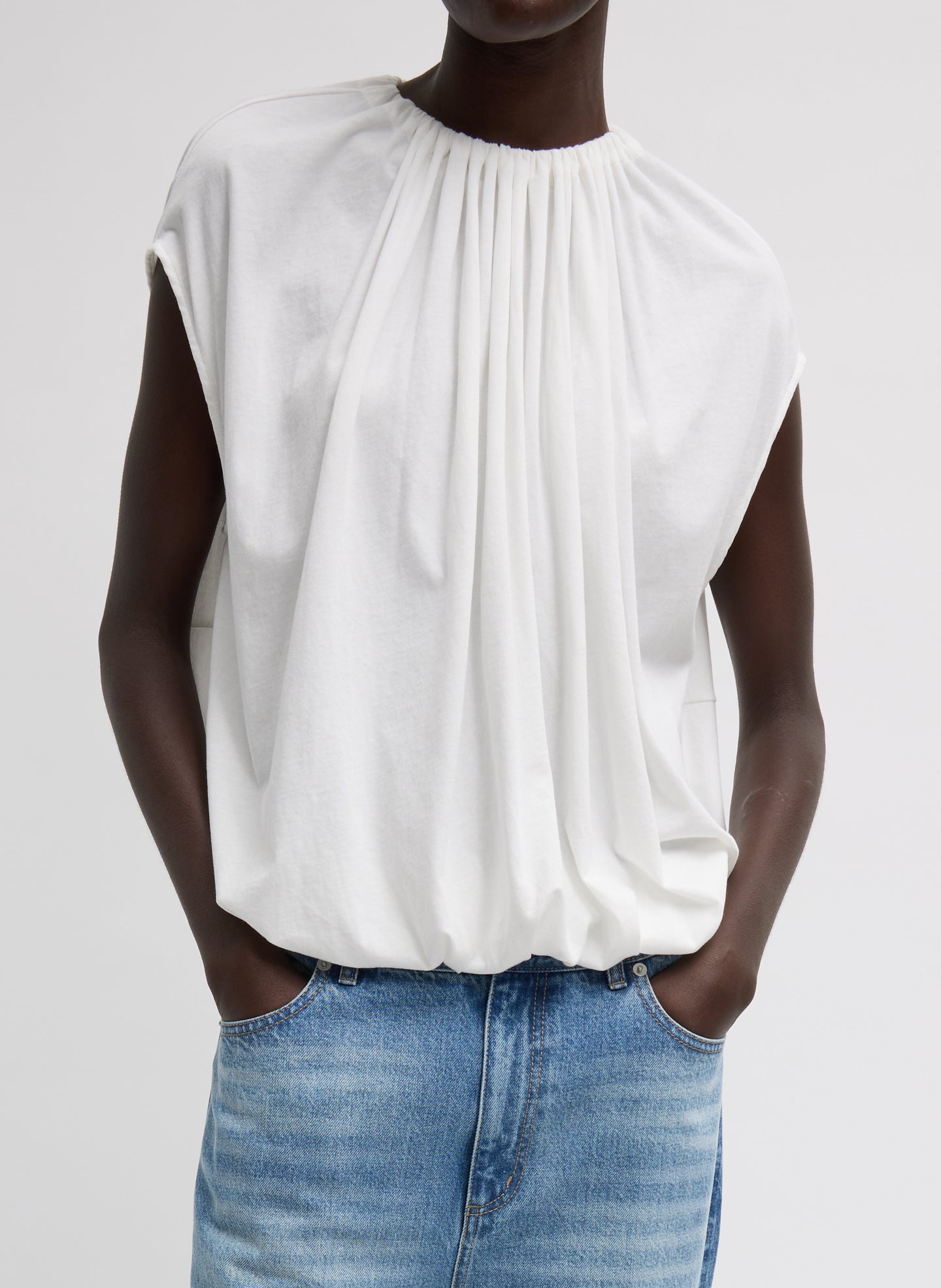 White T-Shirt Program Shirred Neck Circular Top - front view on model