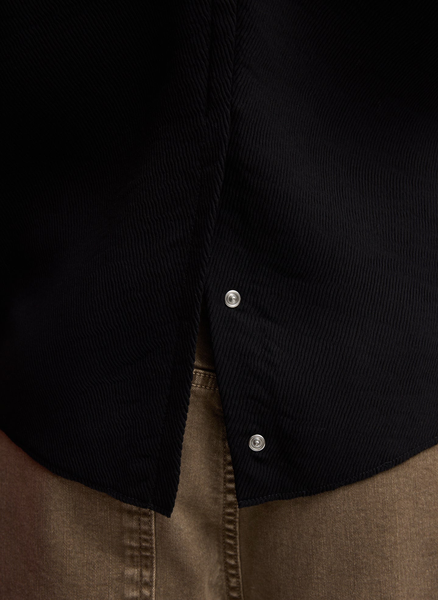 Black Viscose Plisse Hinged Long Sleeve Top - closeup of button details at back