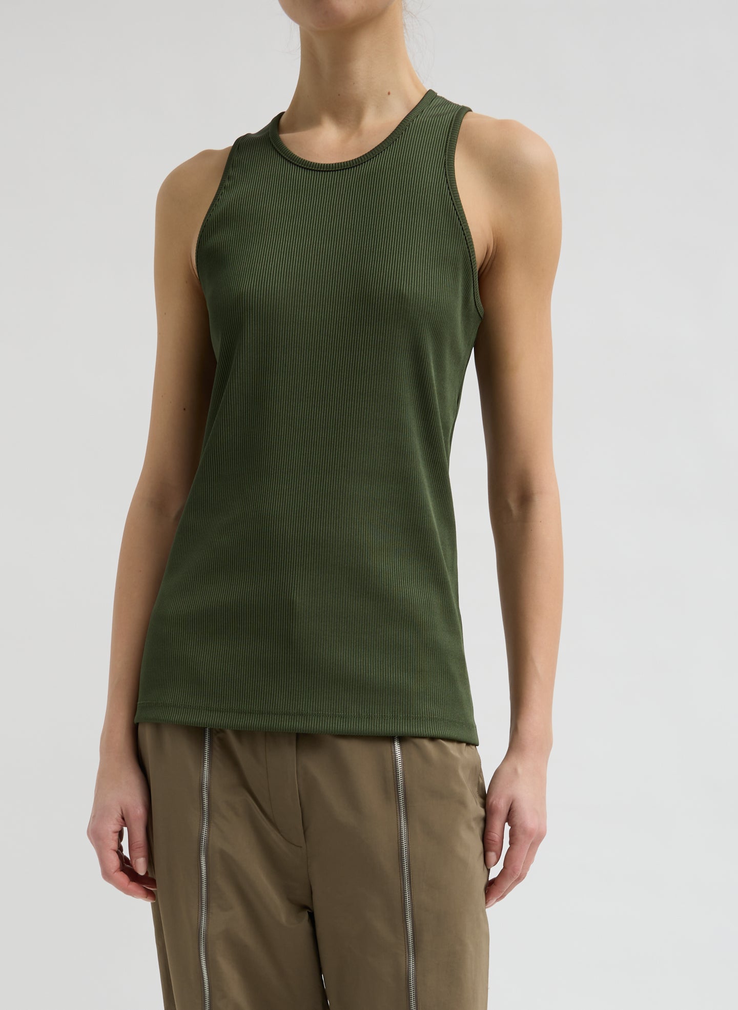 Dark Moss Green Stretch Luxe Ribbed Tank Top - front view on model