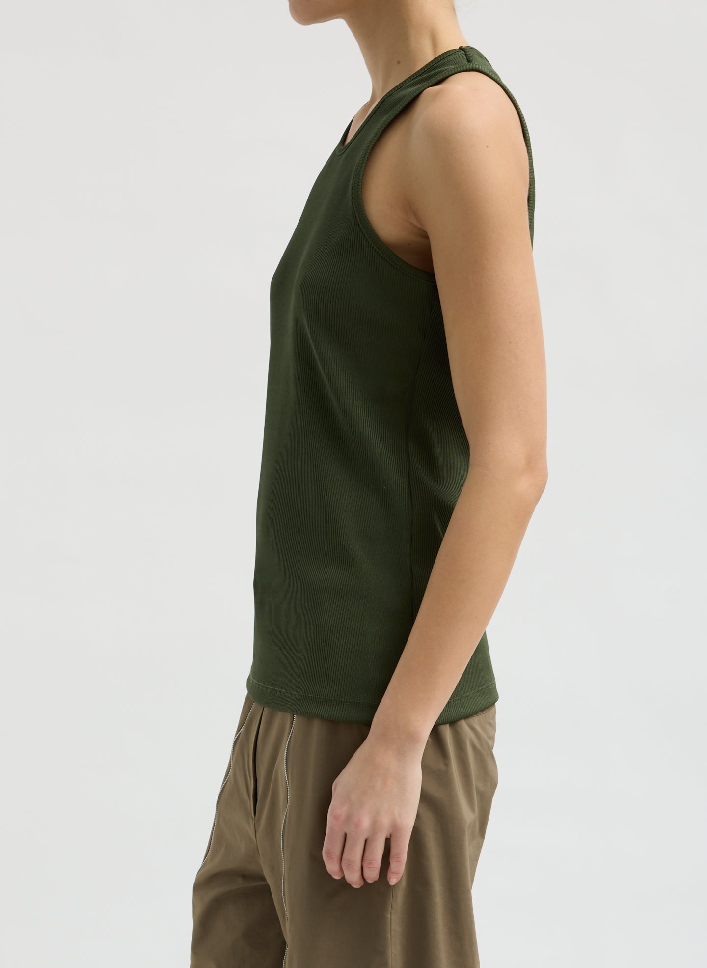 Dark Moss Green Stretch Luxe Ribbed Tank Top - side view on model