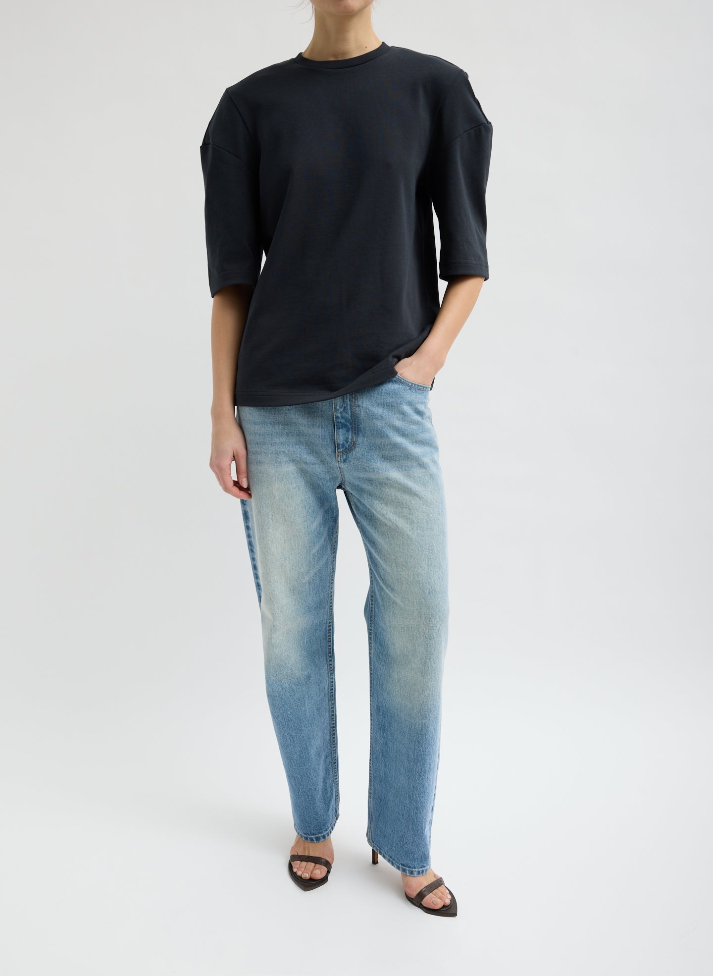 Black Perfect Hinged Sleeve T-Shirt - full look, front view on model