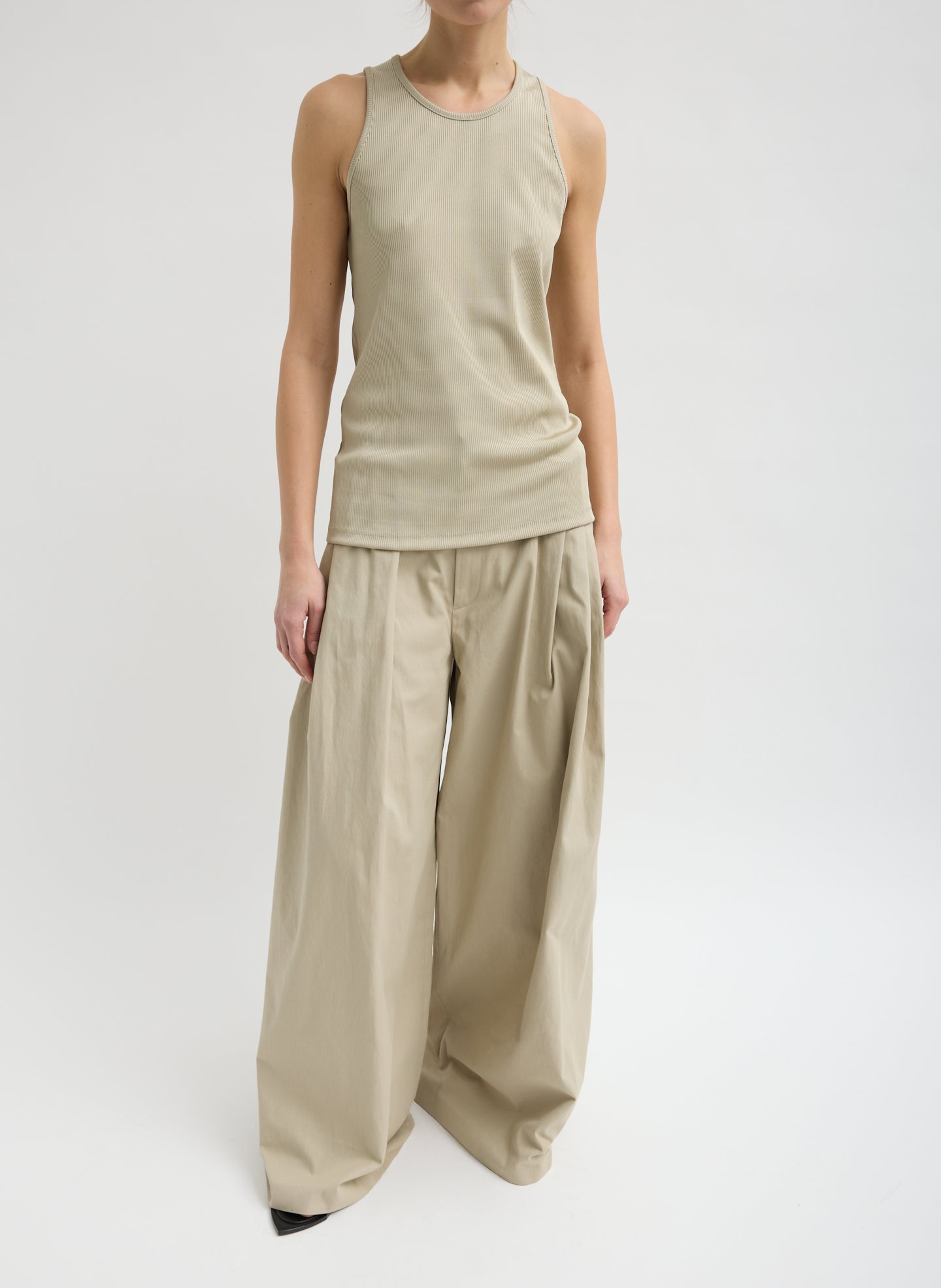 Taupe Stretch Luxe Ribbed Tank Top - full look, front view on model