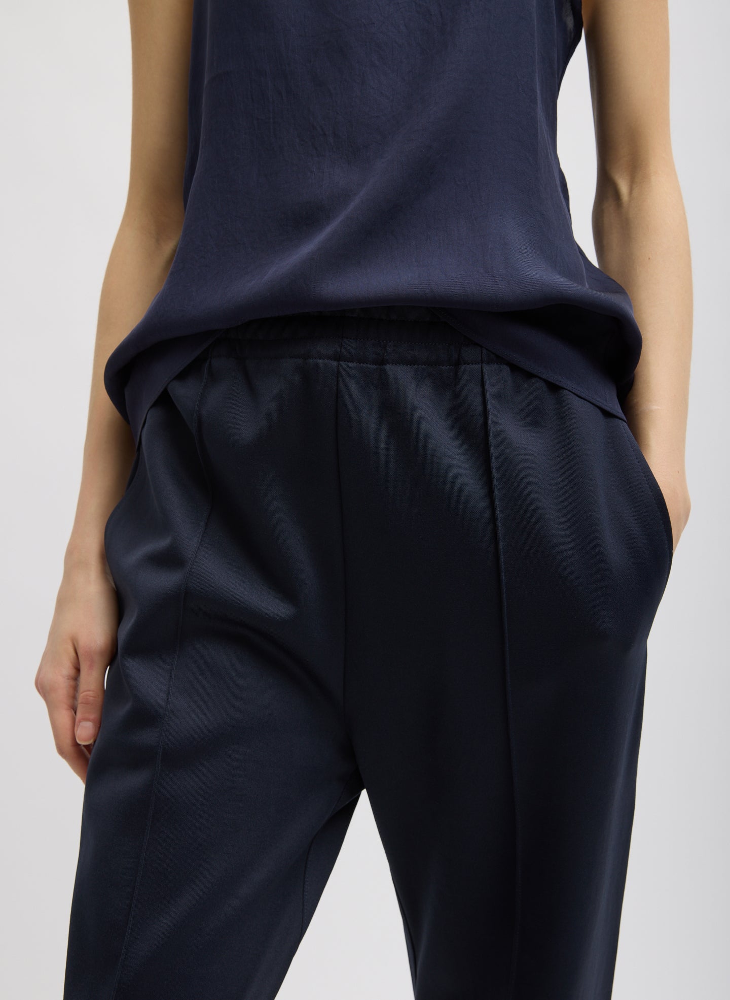 Navy Active Knit Scottie Jogger - closeup of active knit fabric and seam detail at front