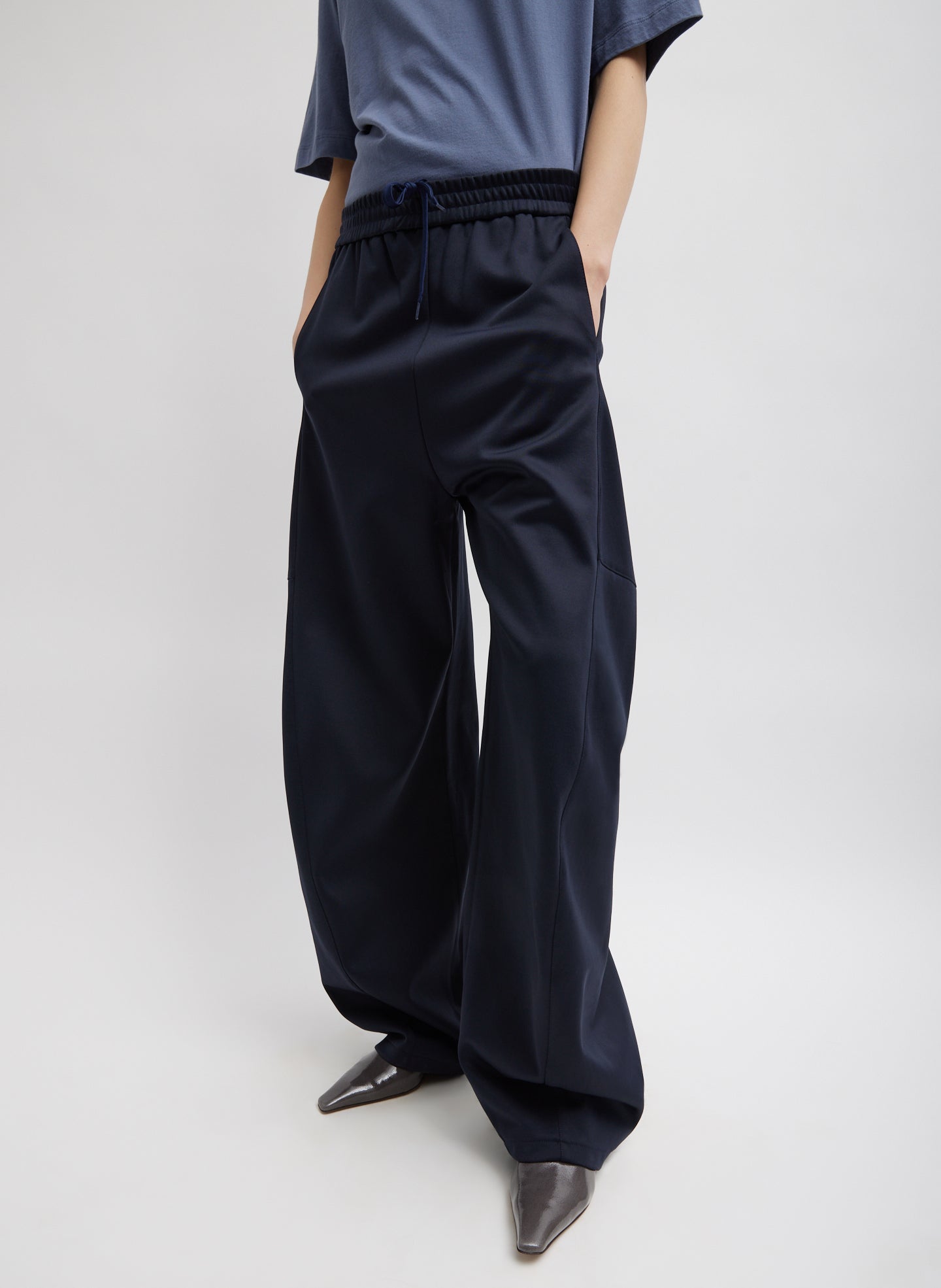 Navy Active Knit Winslow Pant - barrel leg, lounge pant, front view on model