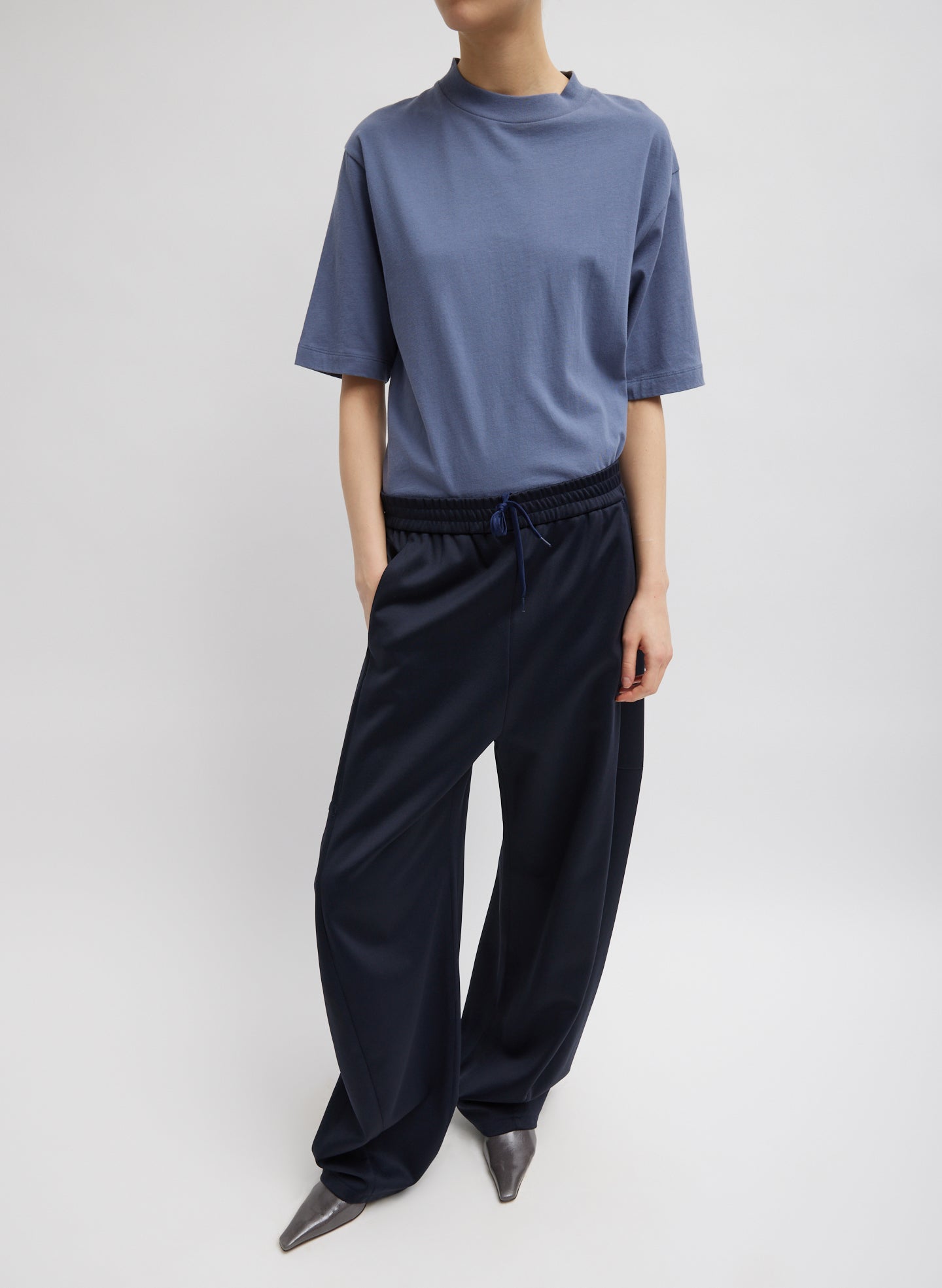 Navy Active Knit Winslow Pant - barrel leg, lounge pant, front view on model