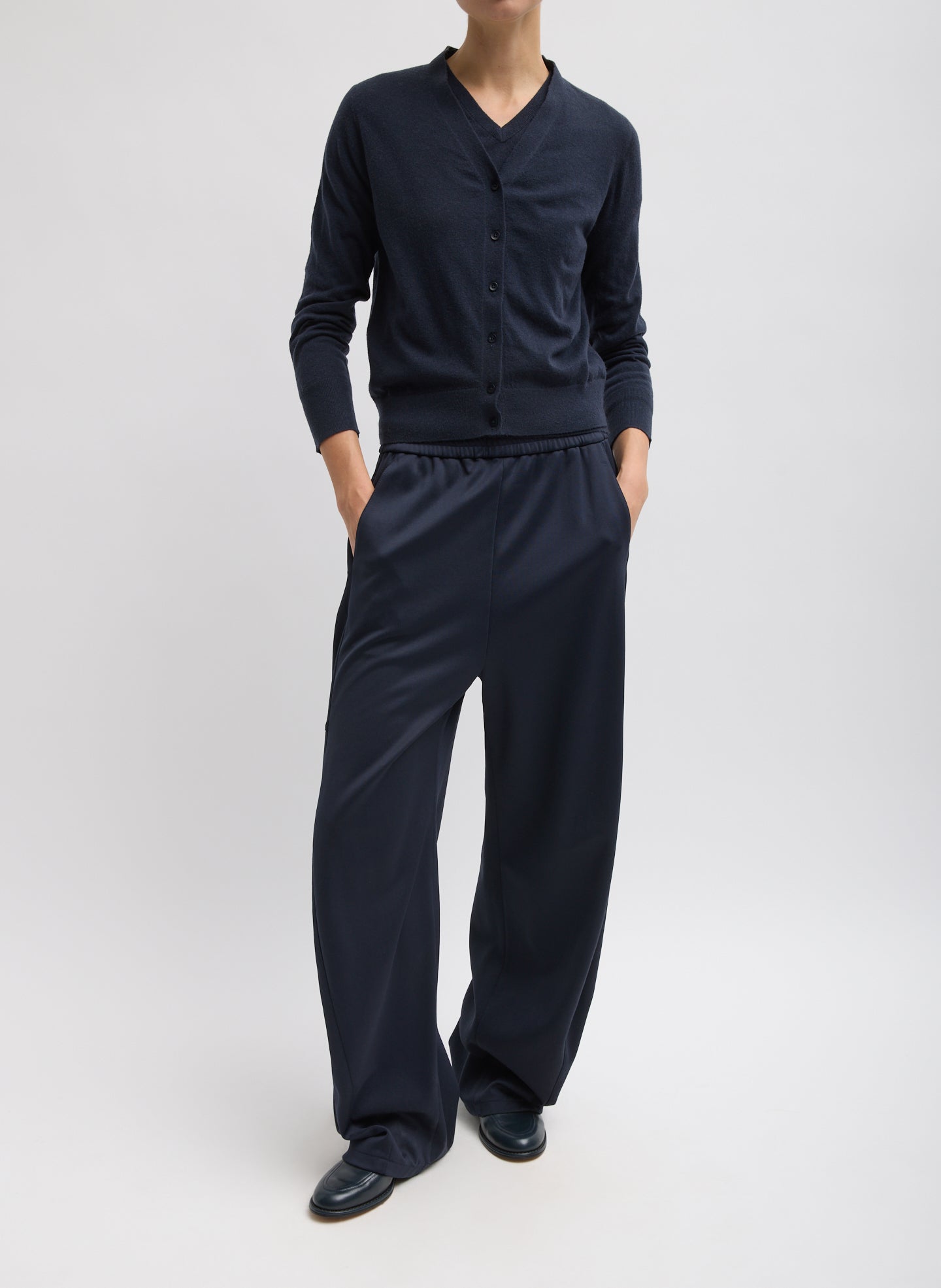 Navy Active Knit Winslow Pant - barrel leg, lounge pant, front view on model