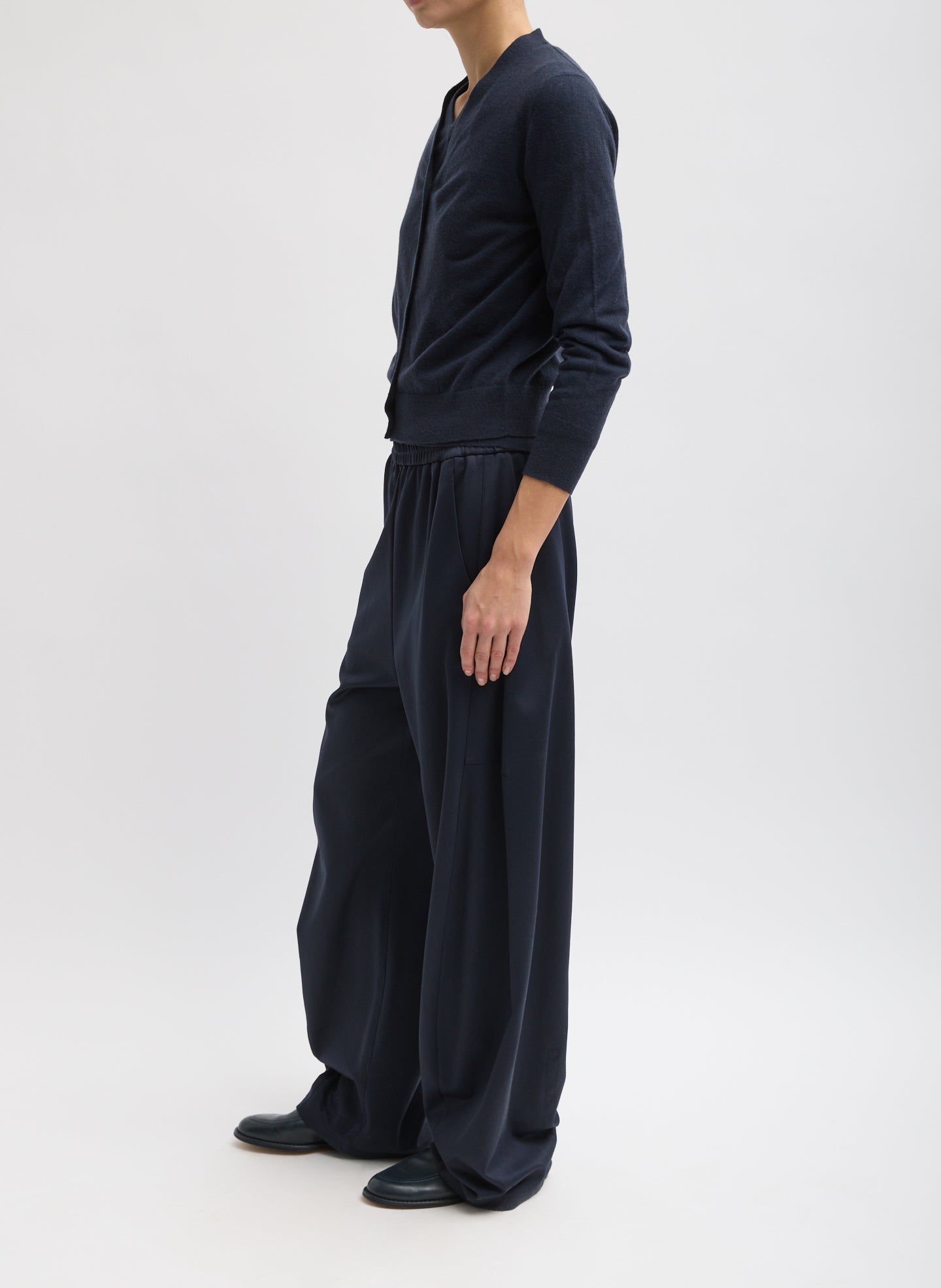 Navy Active Knit Winslow Pant - barrel leg, lounge pant, side view on model