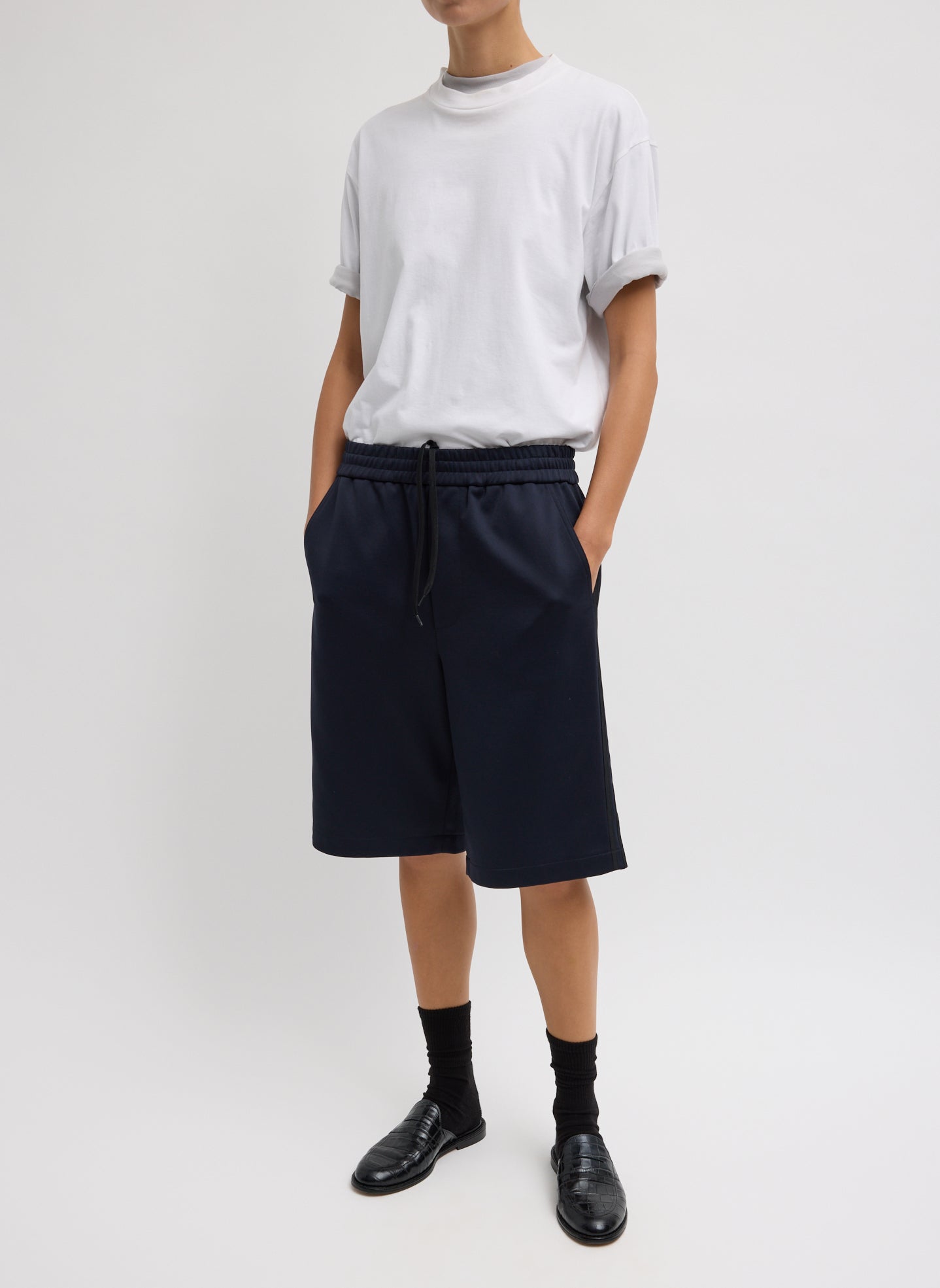 Navy Active Knit Short - athletic knee length short, front view on model