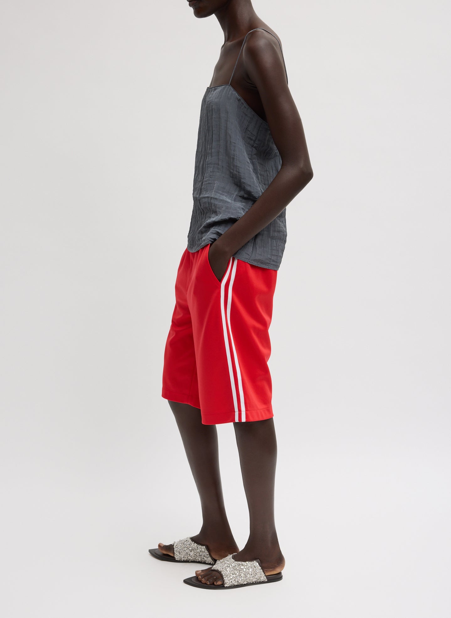 Red Active Knit Short - athletic knee length short, side view on model