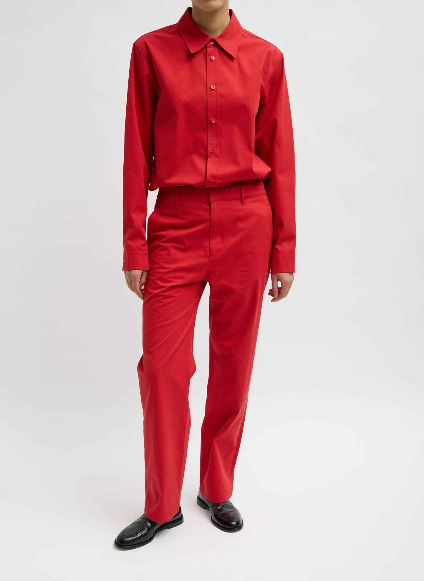 Red Bio Twill Alec Slouch Pant - straight leg trouser, front view on model