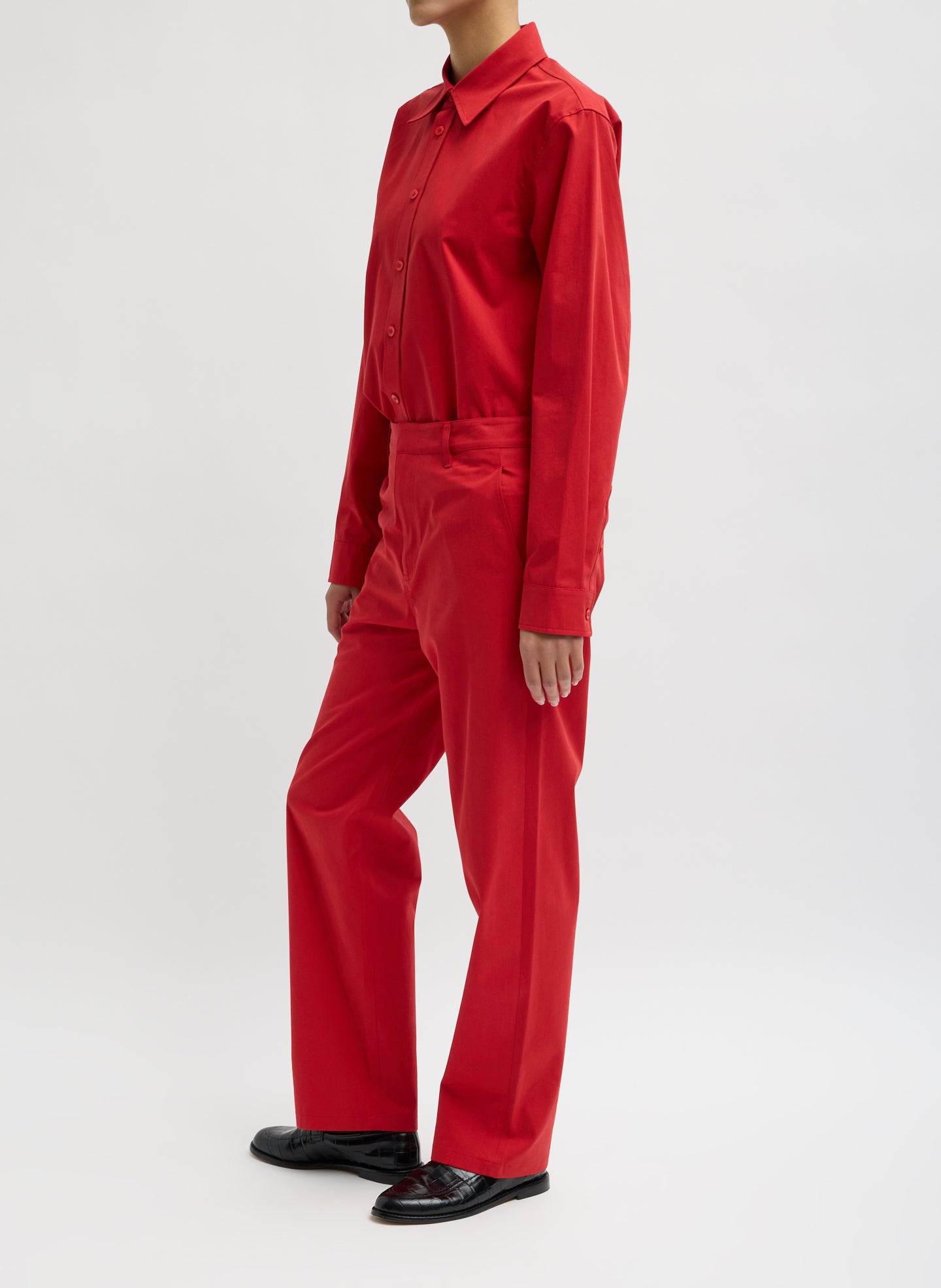 Red Bio Twill Alec Slouch Pant - straight leg trouser, side view on model