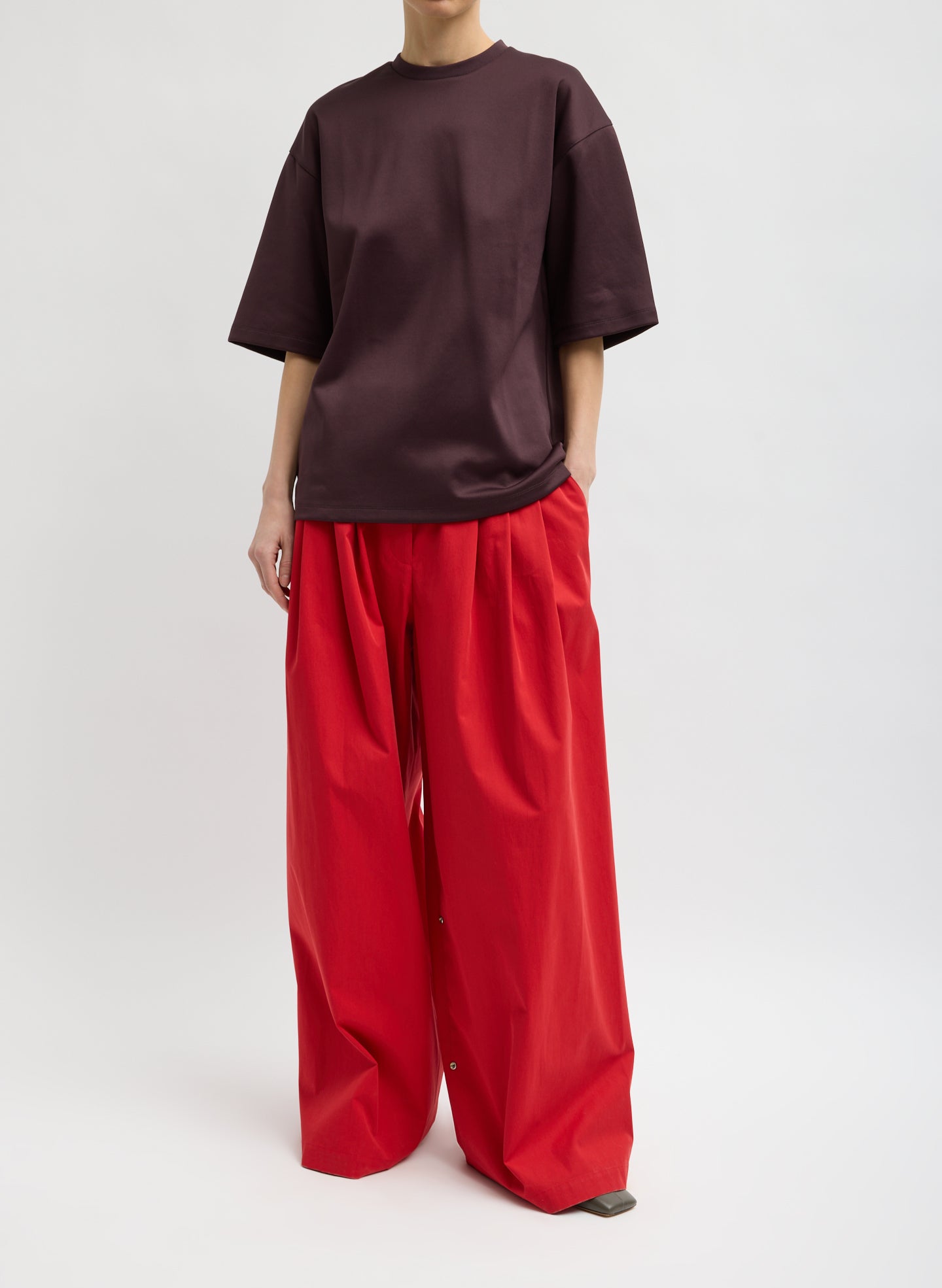 Red Bio Twill Triple Pleat Pant - pleated wide leg trouser, front view on model