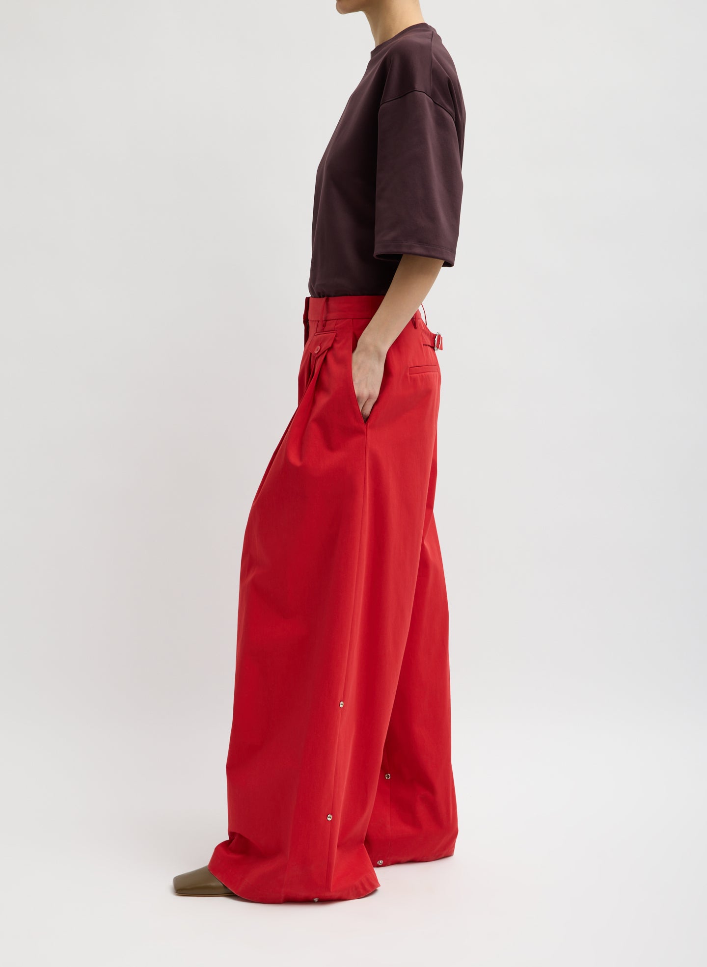 Red Bio Twill Triple Pleat Pant - pleated wide leg trouser, side view on model