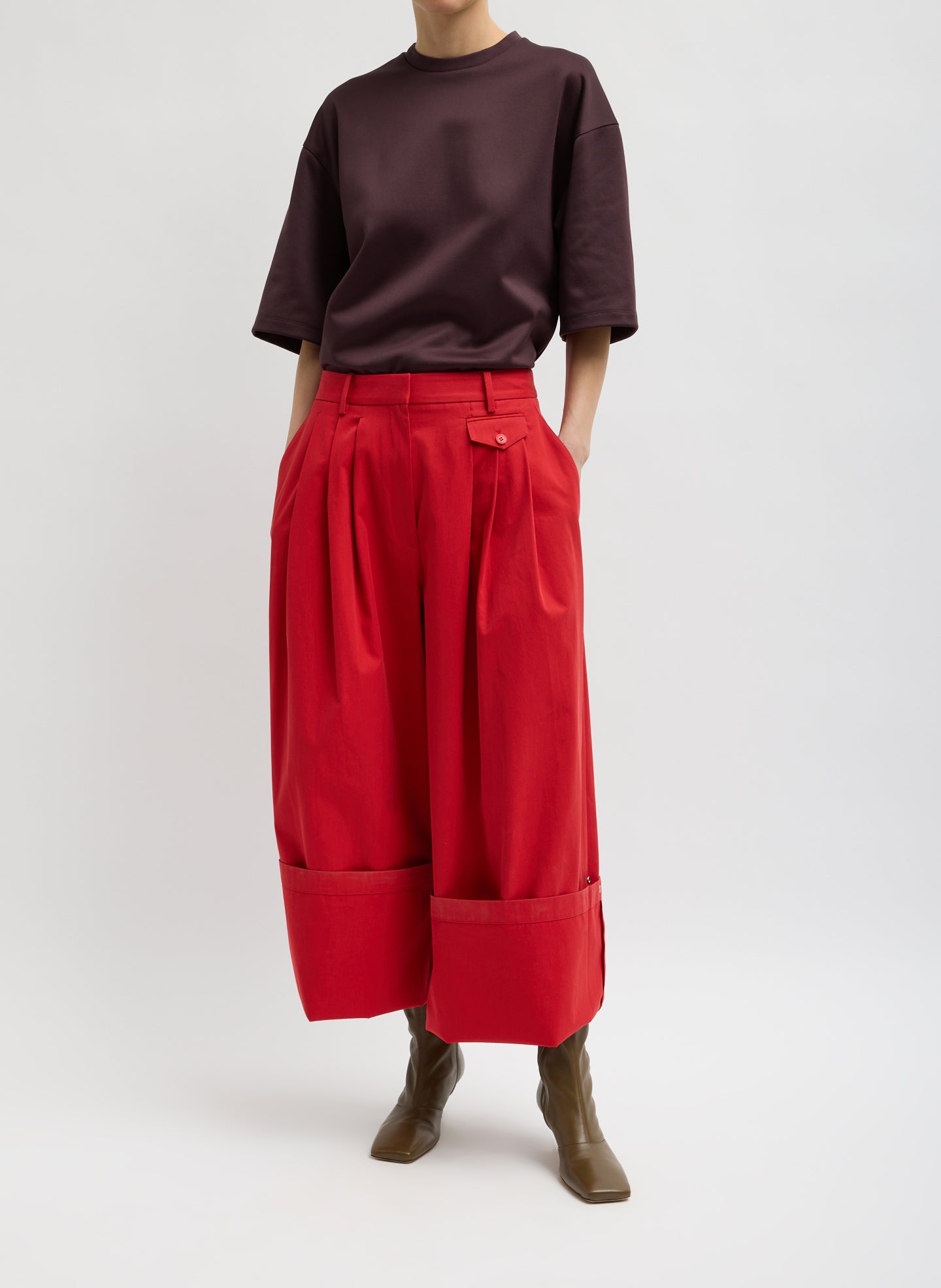 Red Bio Twill Triple Pleat Pant - pleated wide leg trouser, front view on model