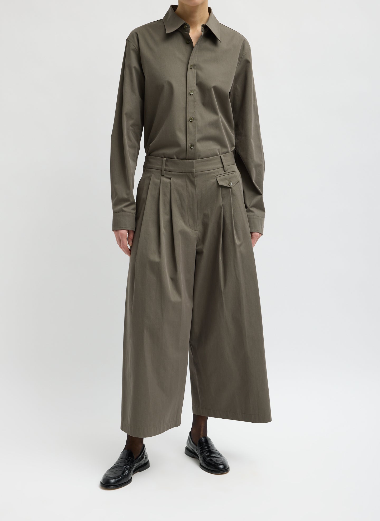 Dark Stone Grey Bio Twill Triple Pleat Cropped Pant - wide leg, pleated, cropped pant front view on model