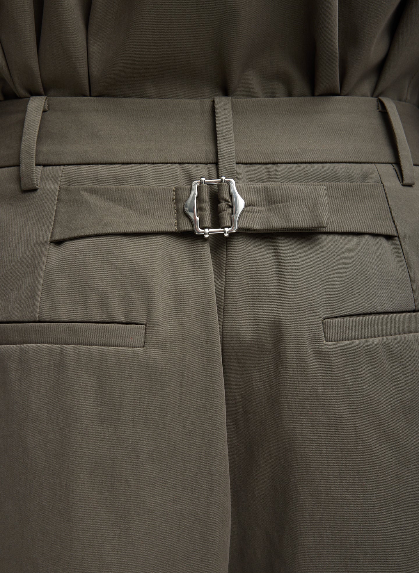 Dark Stone Grey Bio Twill Triple Pleat Cropped Pant - closeup of back belt detail