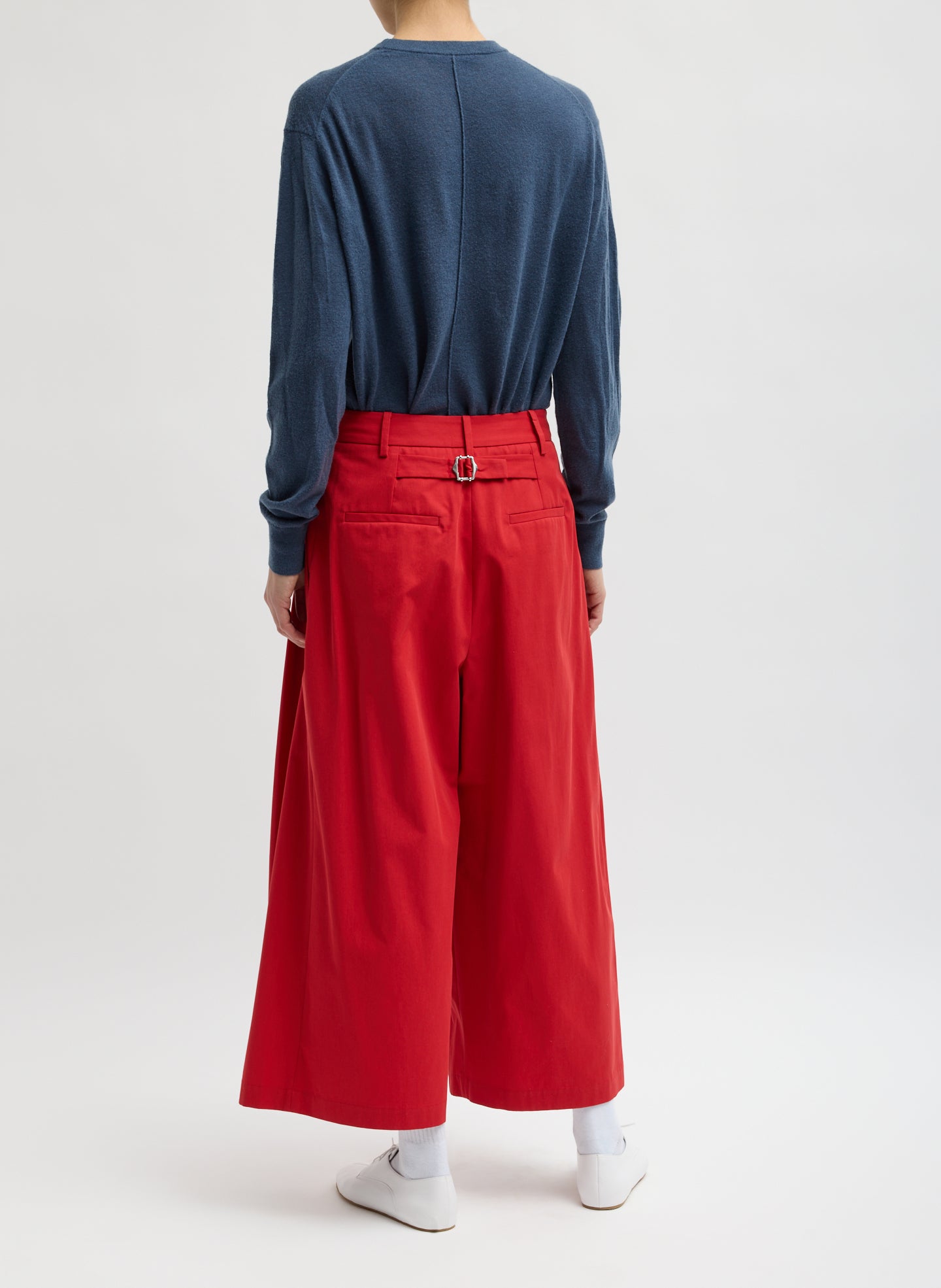 Red Bio Twill Triple Pleat Cropped Pant - wide leg, pleated, cropped pant back view on model