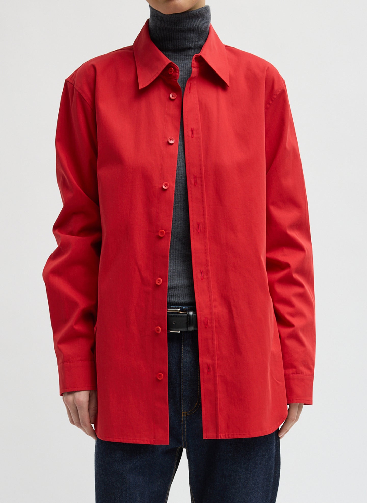 Red Bio Twill Easy Shirt - long sleeve button down top, front view on model