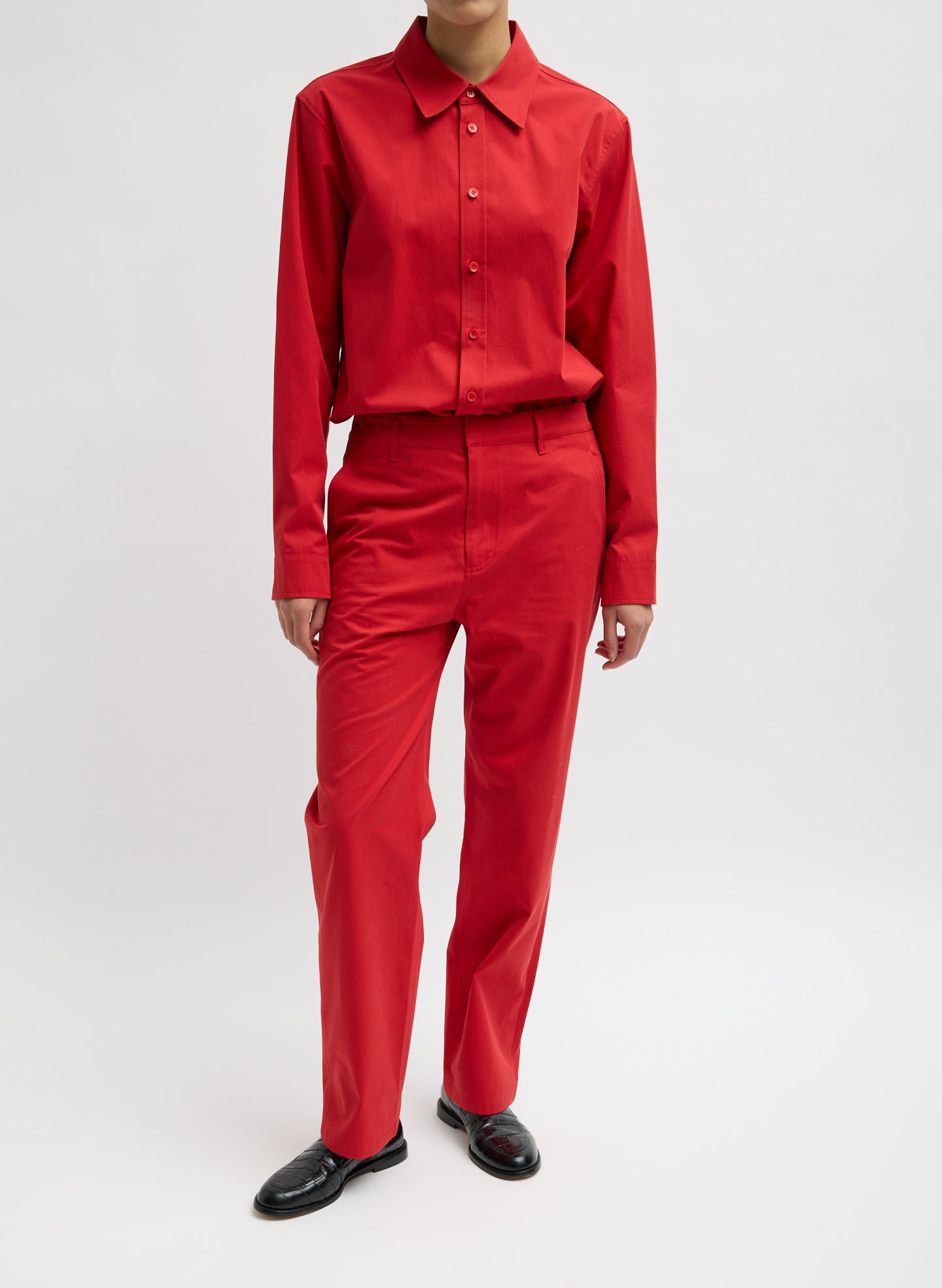 Red Bio Twill Easy Shirt - full look, front view on model
