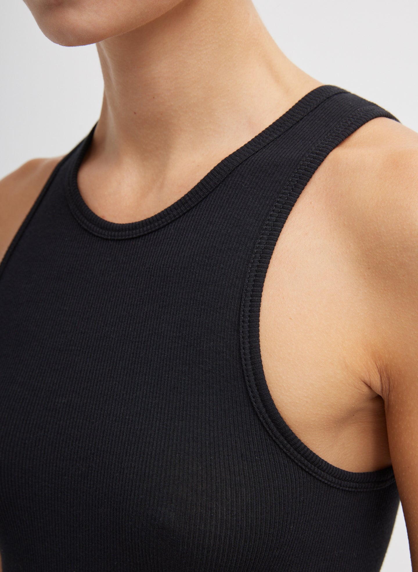 Black Circular Fine Rib Tank Top - closeup of ribbed fabric detail