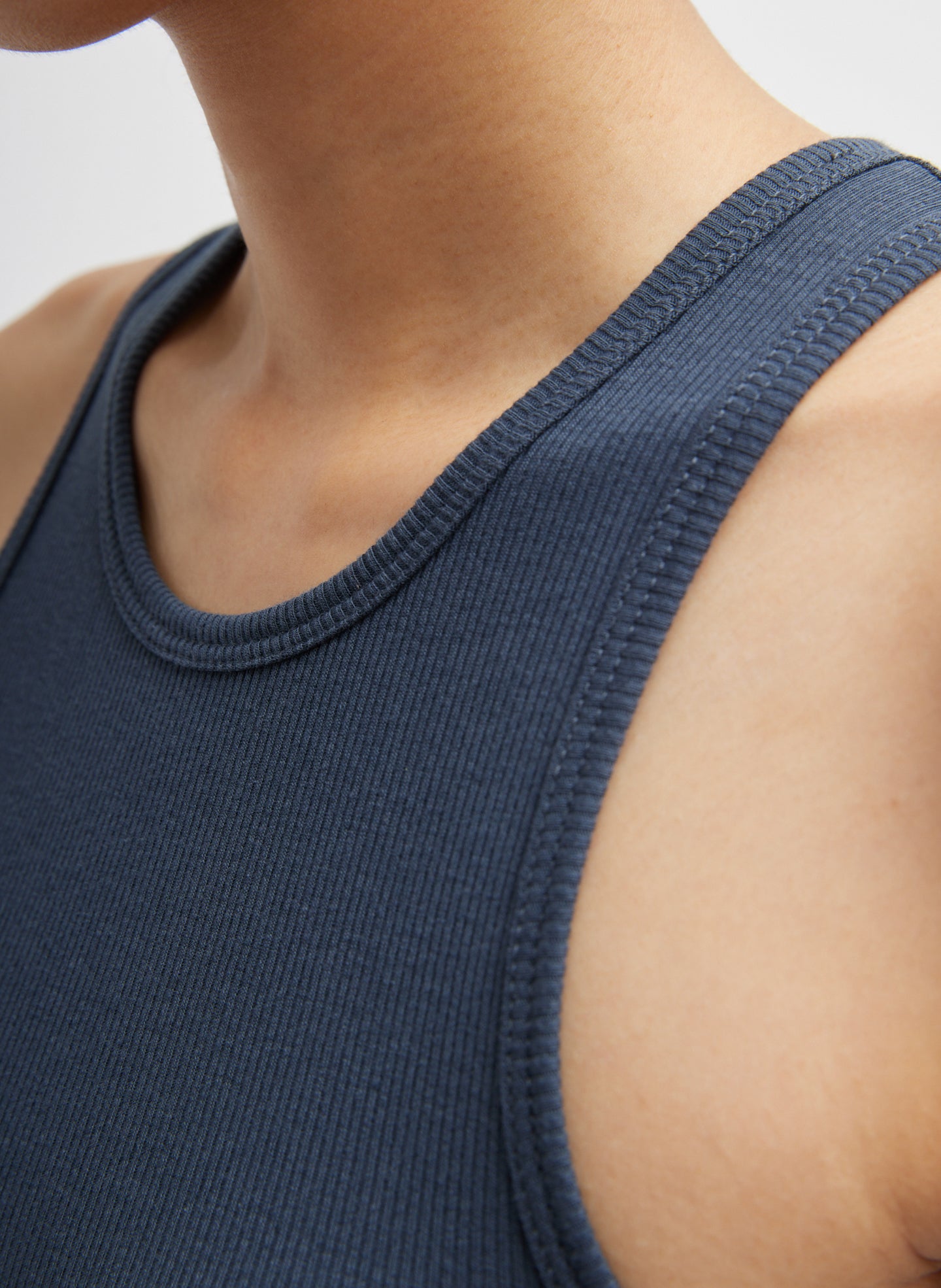 Blue Fog Circular Fine Rib Tank Top - closeup of ribbed fabric