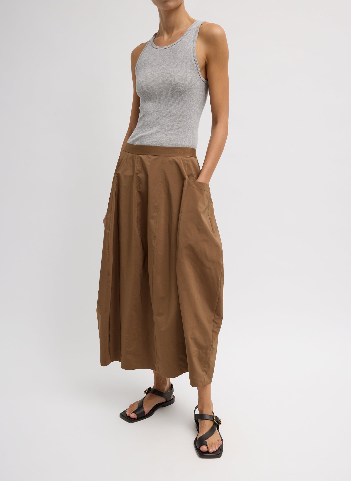 Heather Grey Circular Fine Rib T-Shirt Tank - full look, front view on model