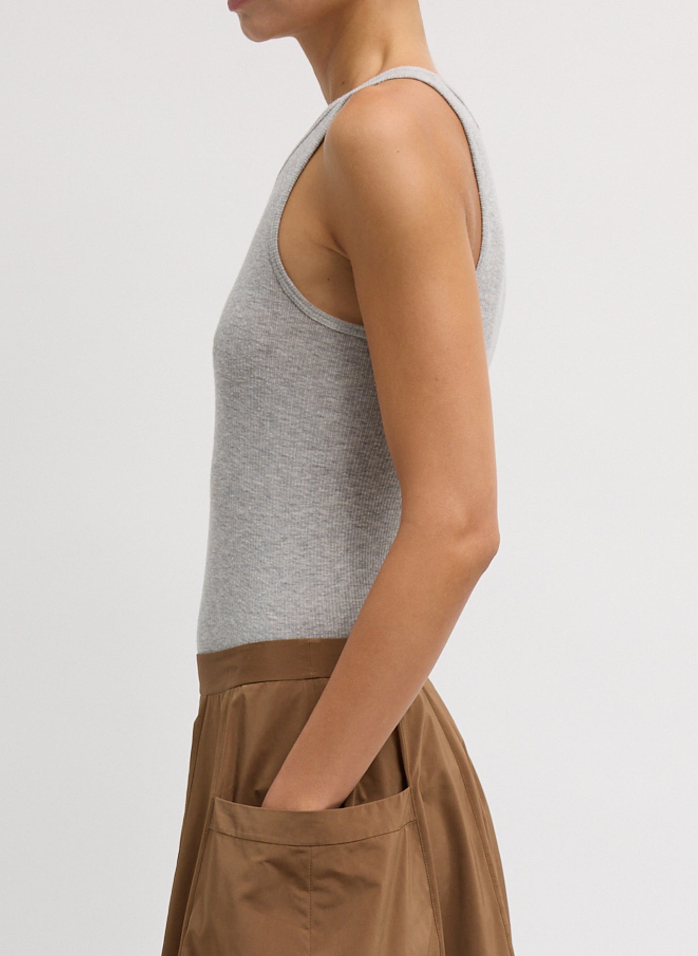 Heather Grey Circular Fine Rib T-Shirt Tank - side view on model