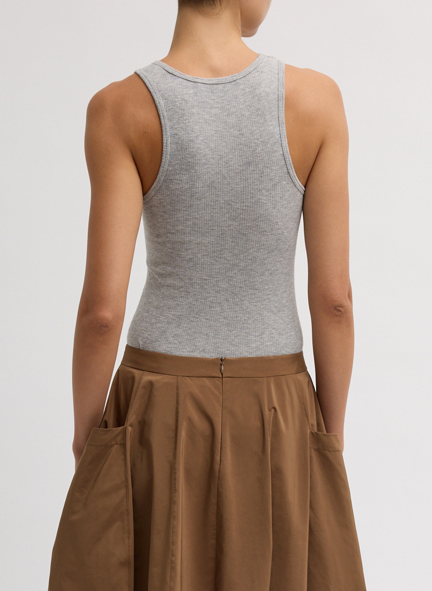 Heather Grey Circular Fine Rib T-Shirt Tank - full look, back view on model