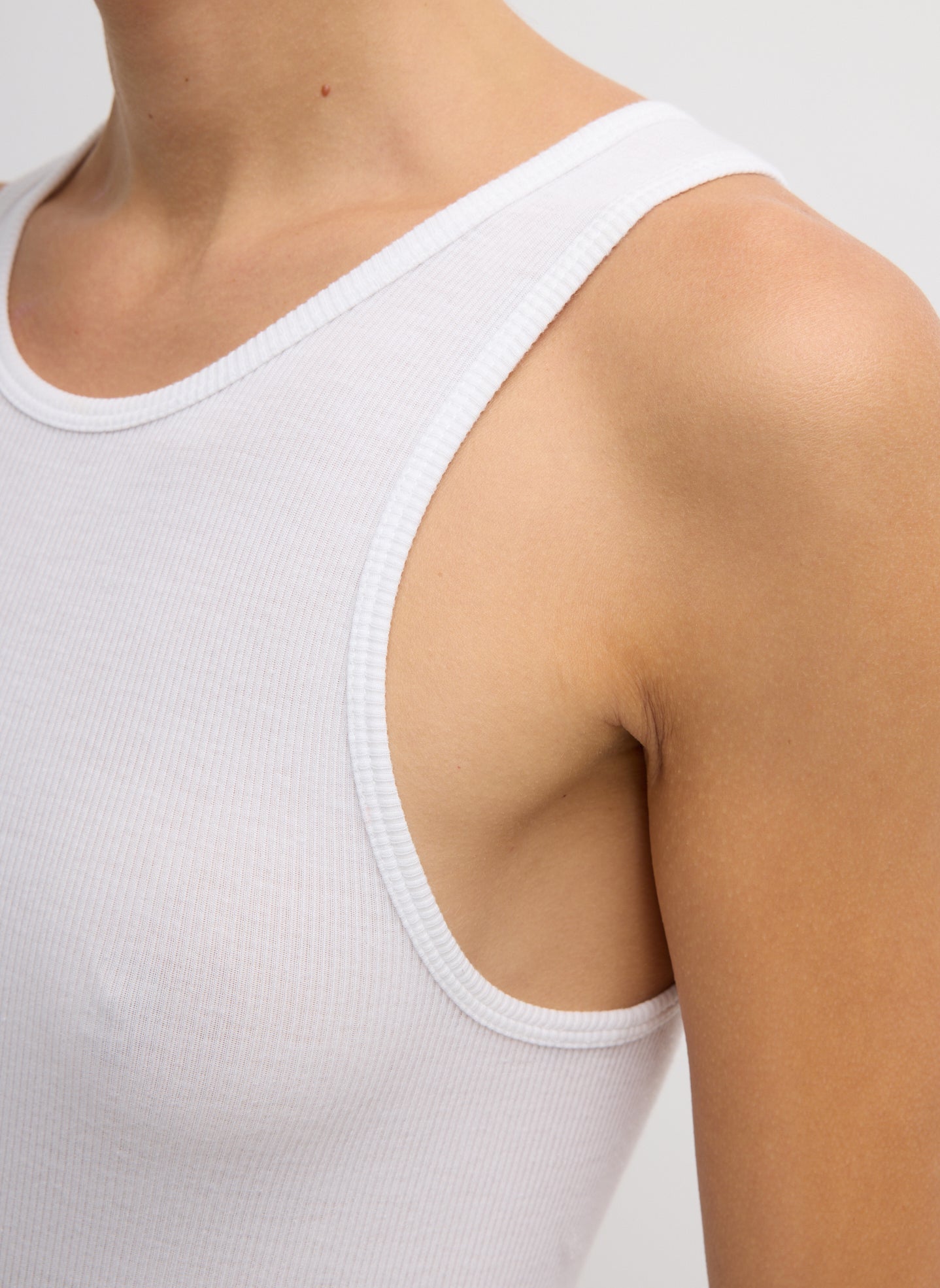 White Circular Fine Rib T-Shirt Tank - closeup of ribbed detail