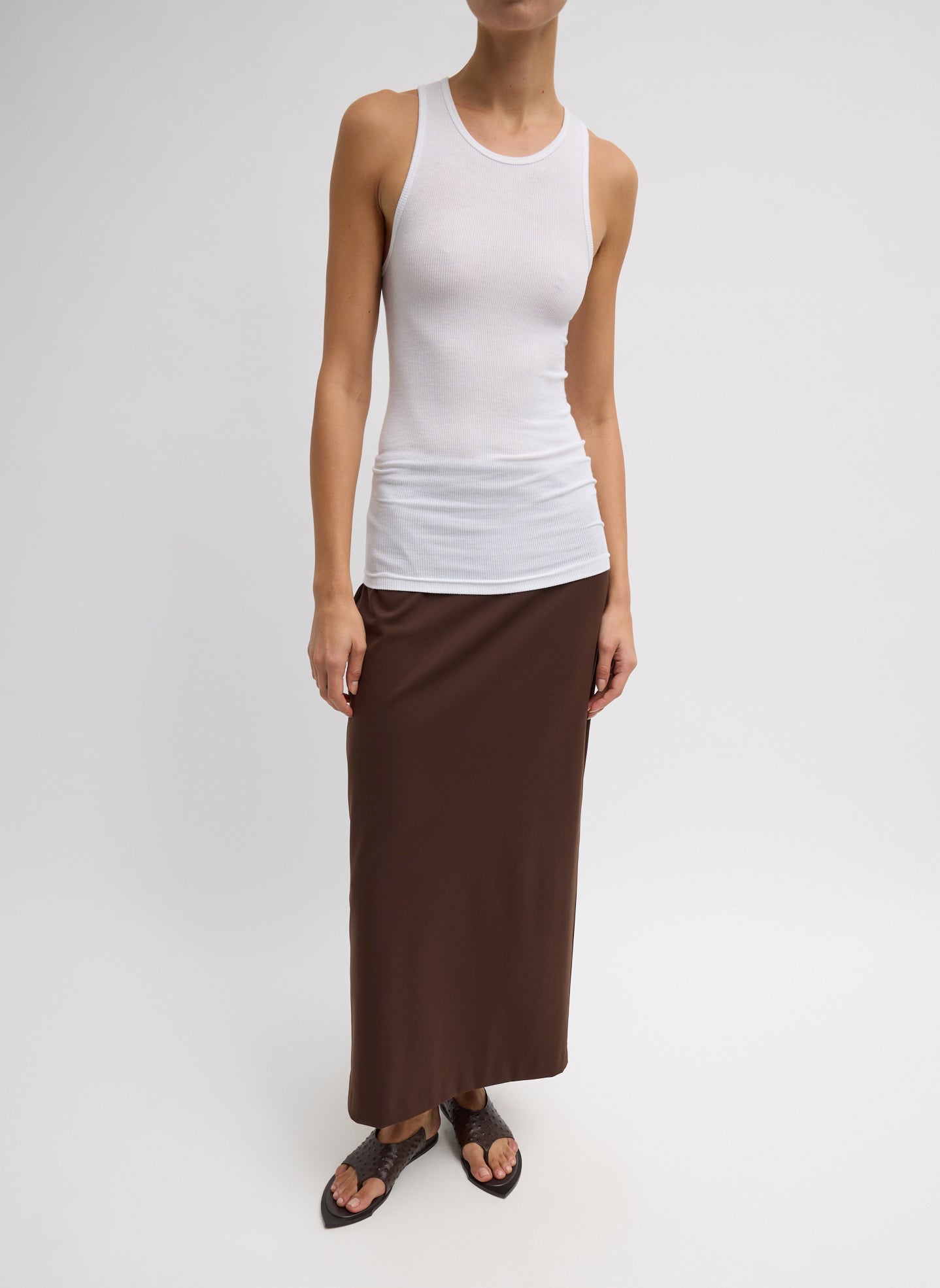 White Circular Fine Rib T-Shirt Tank - full look, front view on model