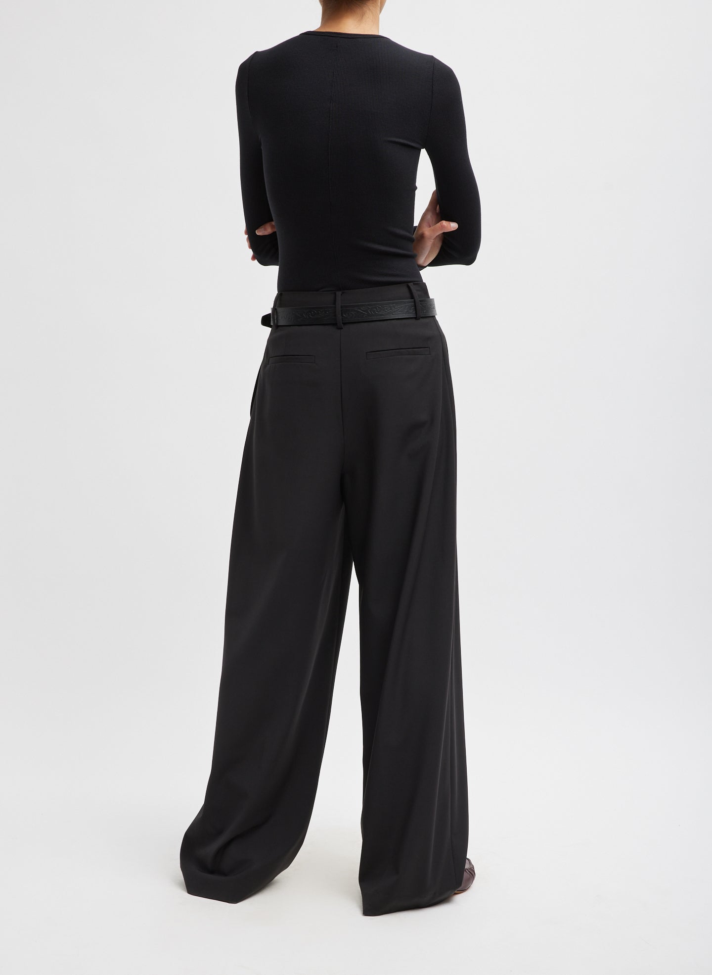 Black Circular Ribbed Crewneck Long Sleeve T-Shirt - full look, back view on model