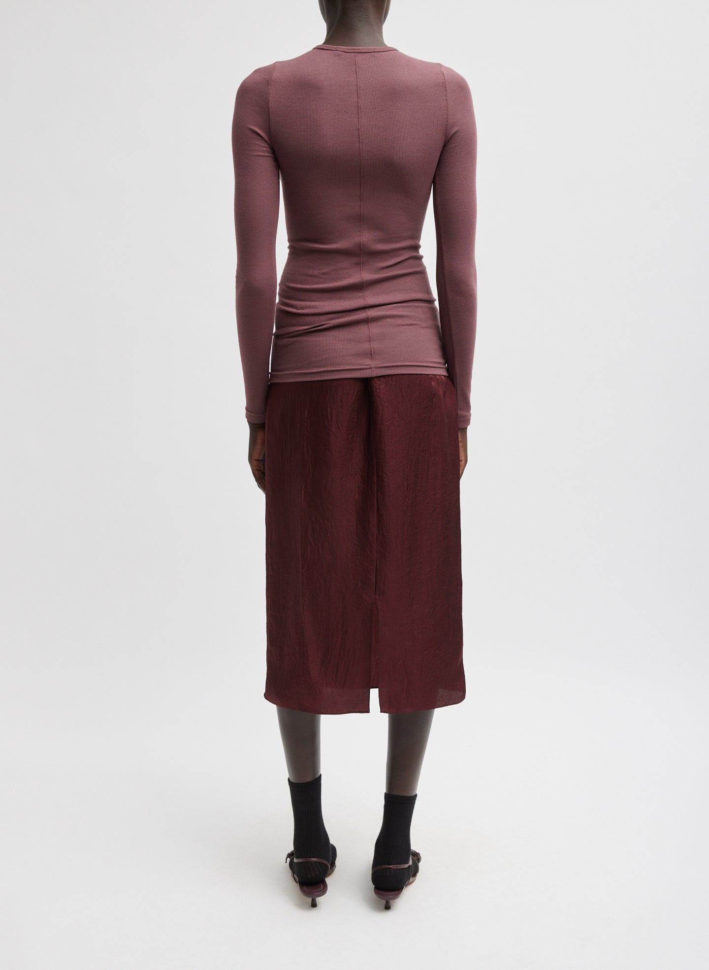 Cinnamon Circular Ribbed Crewneck Long Sleeve T-Shirt - full look, back view on model