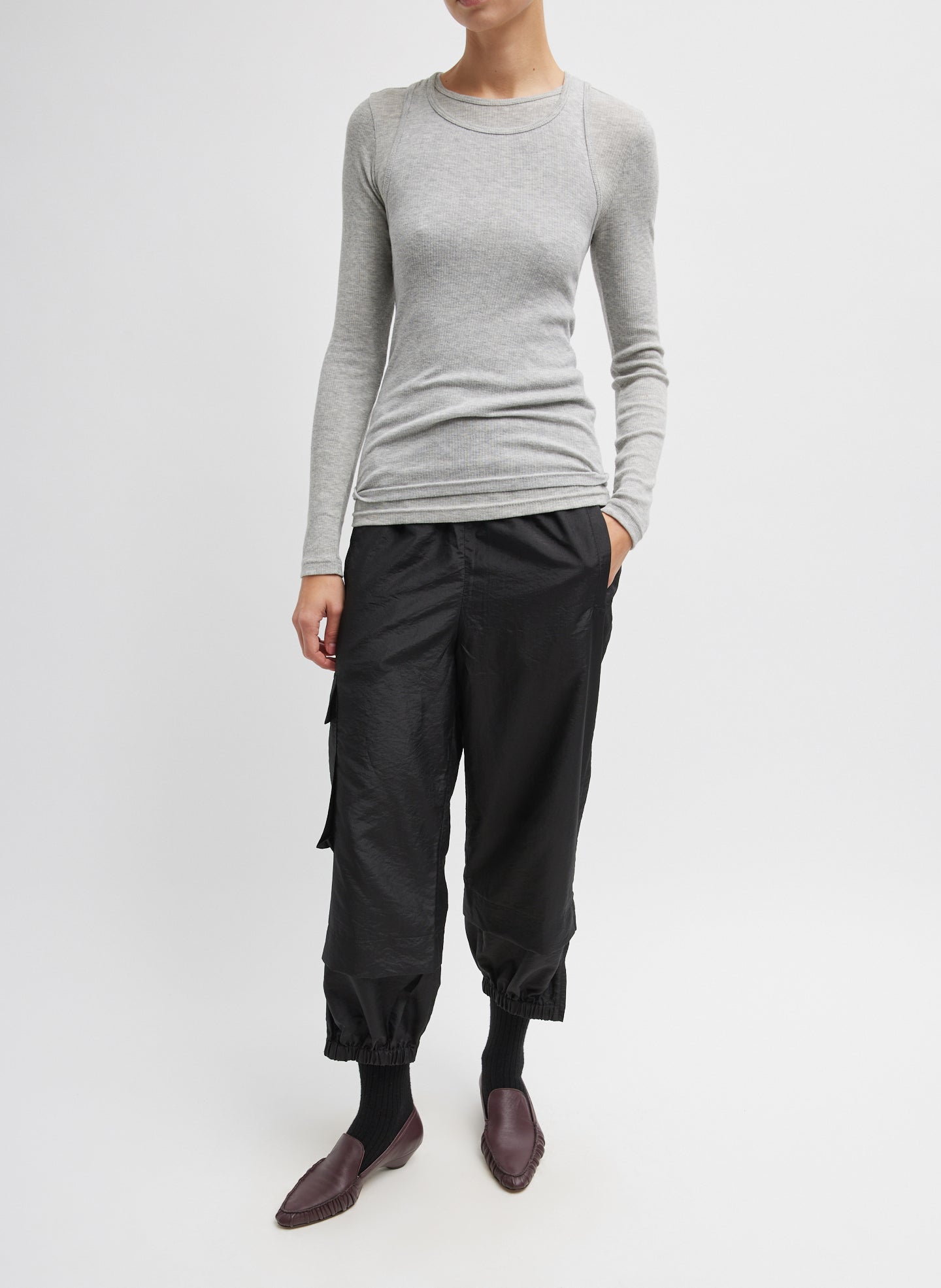 Heather Grey Circular Ribbed Crewneck Pullover T-Shirt - long sleeved tee, full look, front view on model