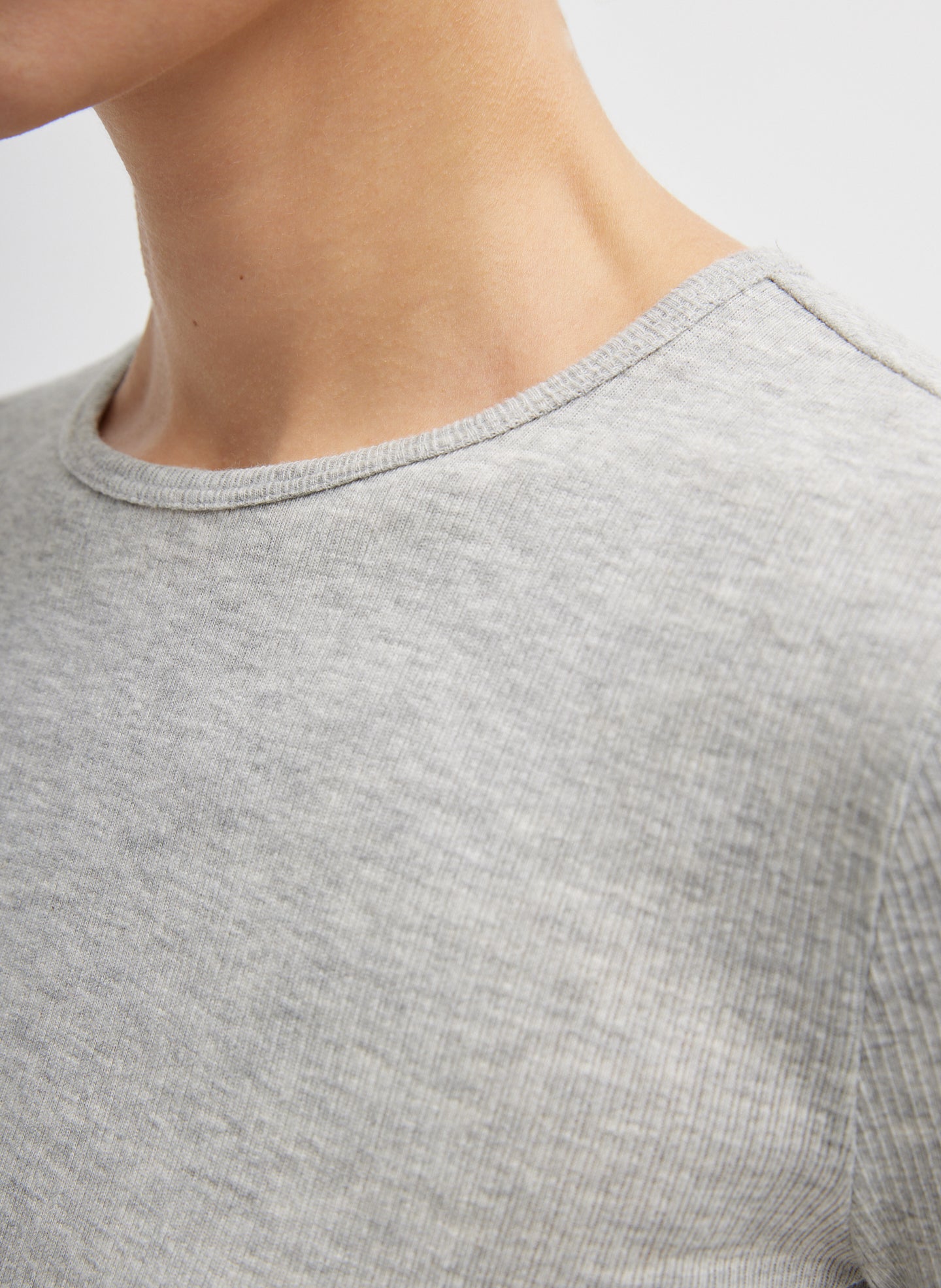 Heather Grey Circular Ribbed Crewneck Long Sleeve T-Shirt - closeup of neckline and ribbed fabric
