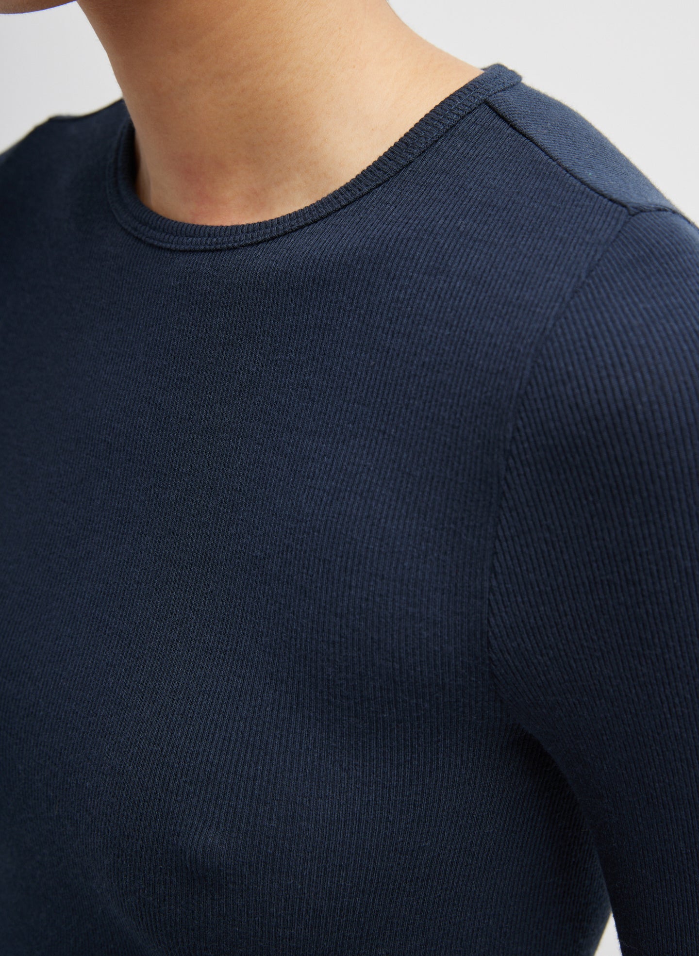 Navy Circular Ribbed Crewneck Long Sleeve T-Shirt - closeup of neckline and ribbed fabric detail