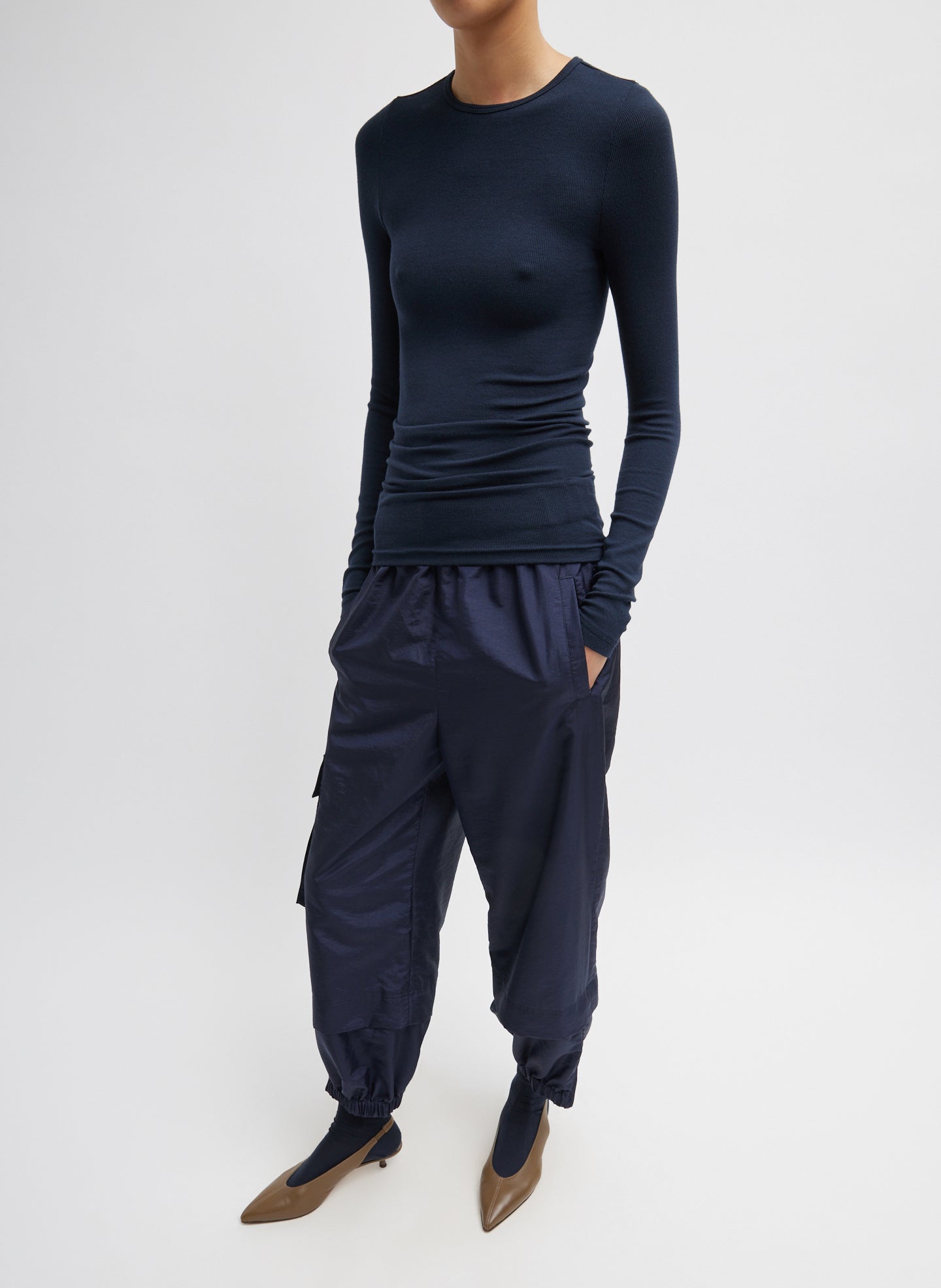 Navy Blue Circular Ribbed Crewneck Pullover T-Shirt - full look on model