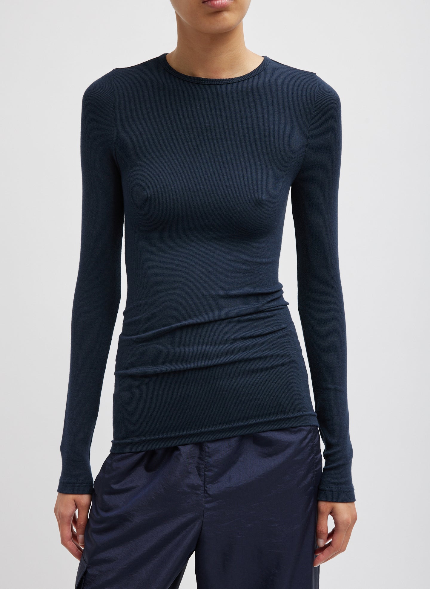 Navy Blue Circular Ribbed Crewneck Pullover T-Shirt - long sleeved tee, front view on model