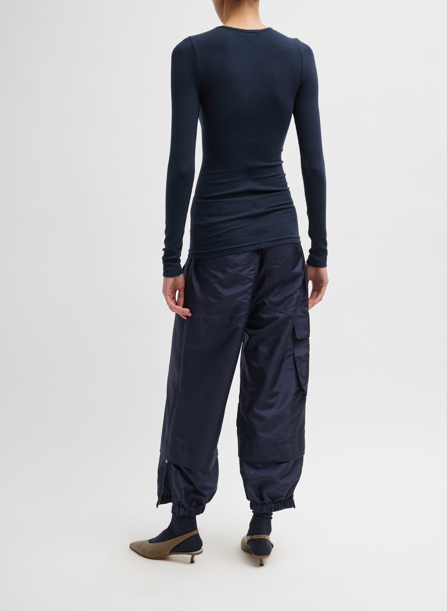 Navy Circular Ribbed Crewneck Long Sleeve T-Shirt - full look, back view on model